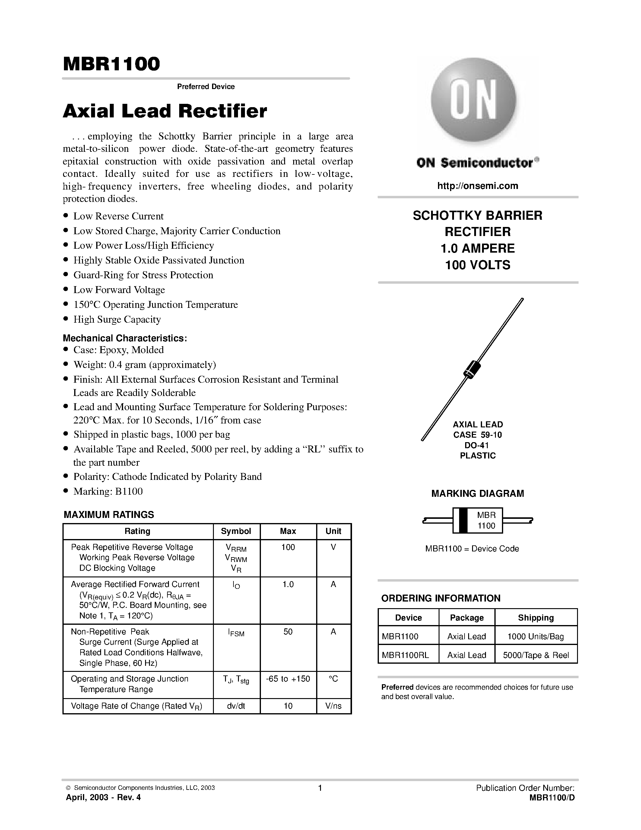Datasheet MBR1100 - SCHOTTKY BARRIER RECTIFIER 1.0 AMPERE 100 VOLTS page 1