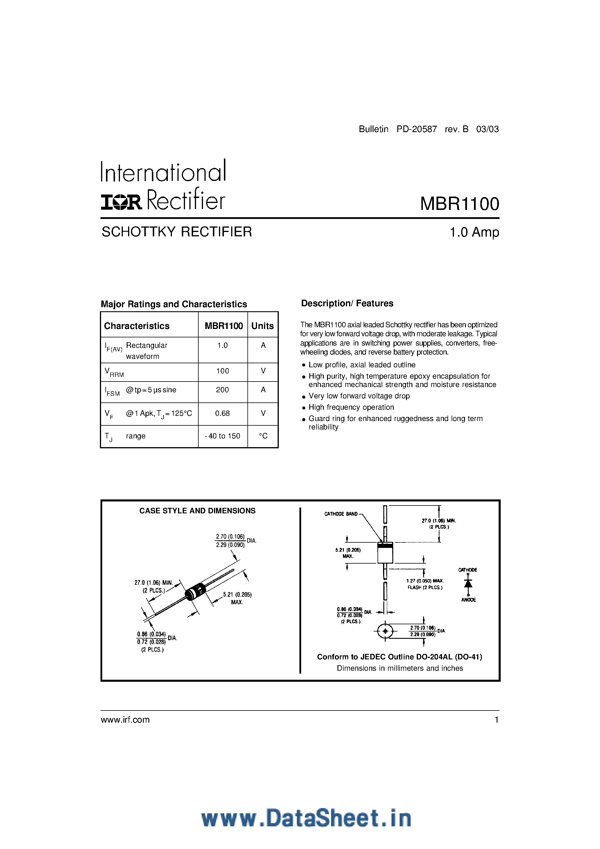 Datasheet MBR1100 - SCHOTTKY BARRIER RECTIFIER page 1