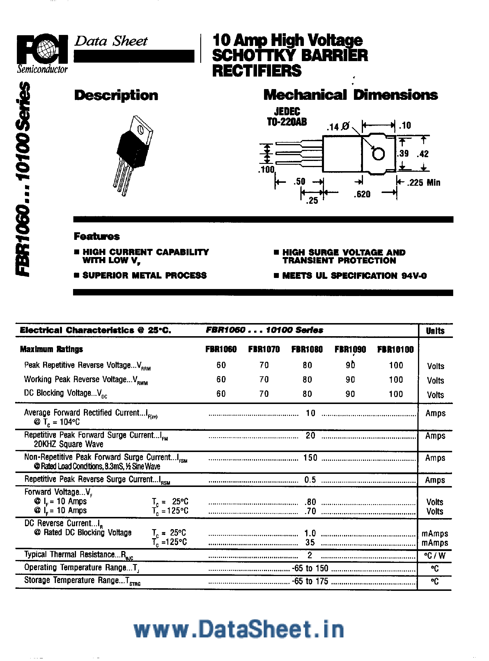 Datasheet FBR1100 page 1 Datasheet FBR1100 - SCHOTTKY BARRIER RECTIFIER page 1