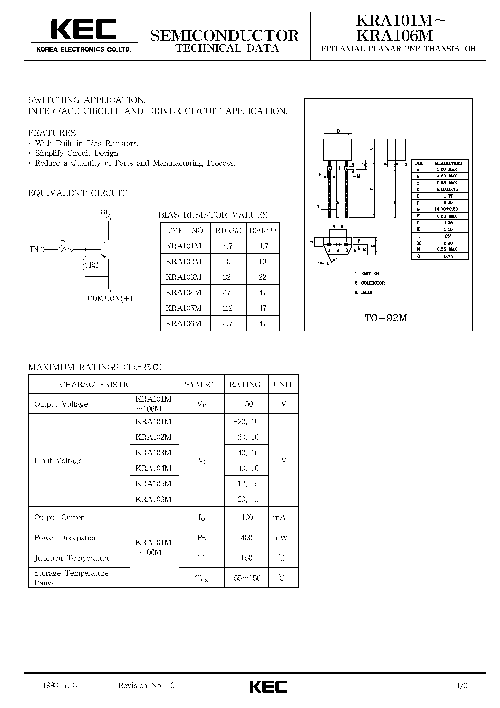 Даташит на микросхему KRA101M страница 1 Даташит KRA101M - (KRA101M - KRA106M) EPITAXIAL PLANAR PNP TRANSISTOR страница 1