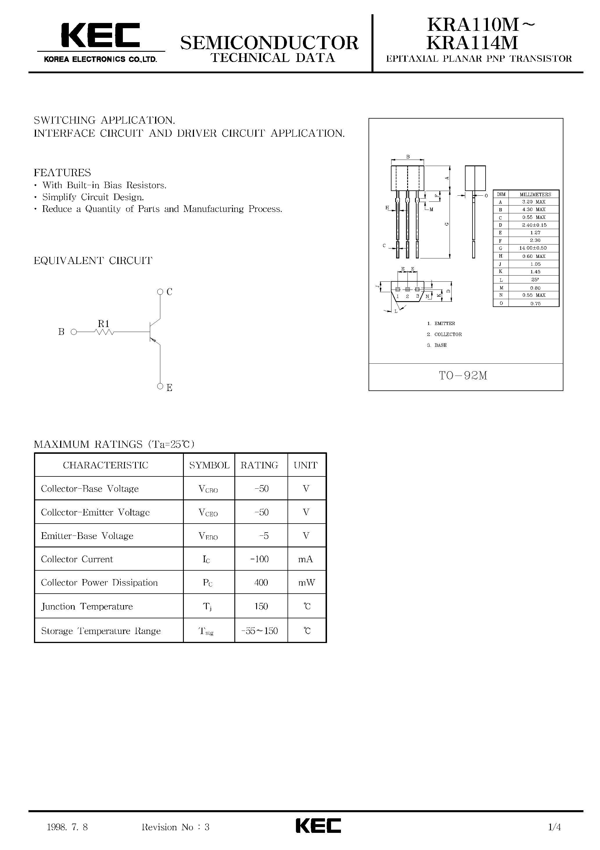 Даташит KRA110M - (KRA110M - KRA114M) EPITAXIAL PLANAR PNP TRANSISTOR страница 1