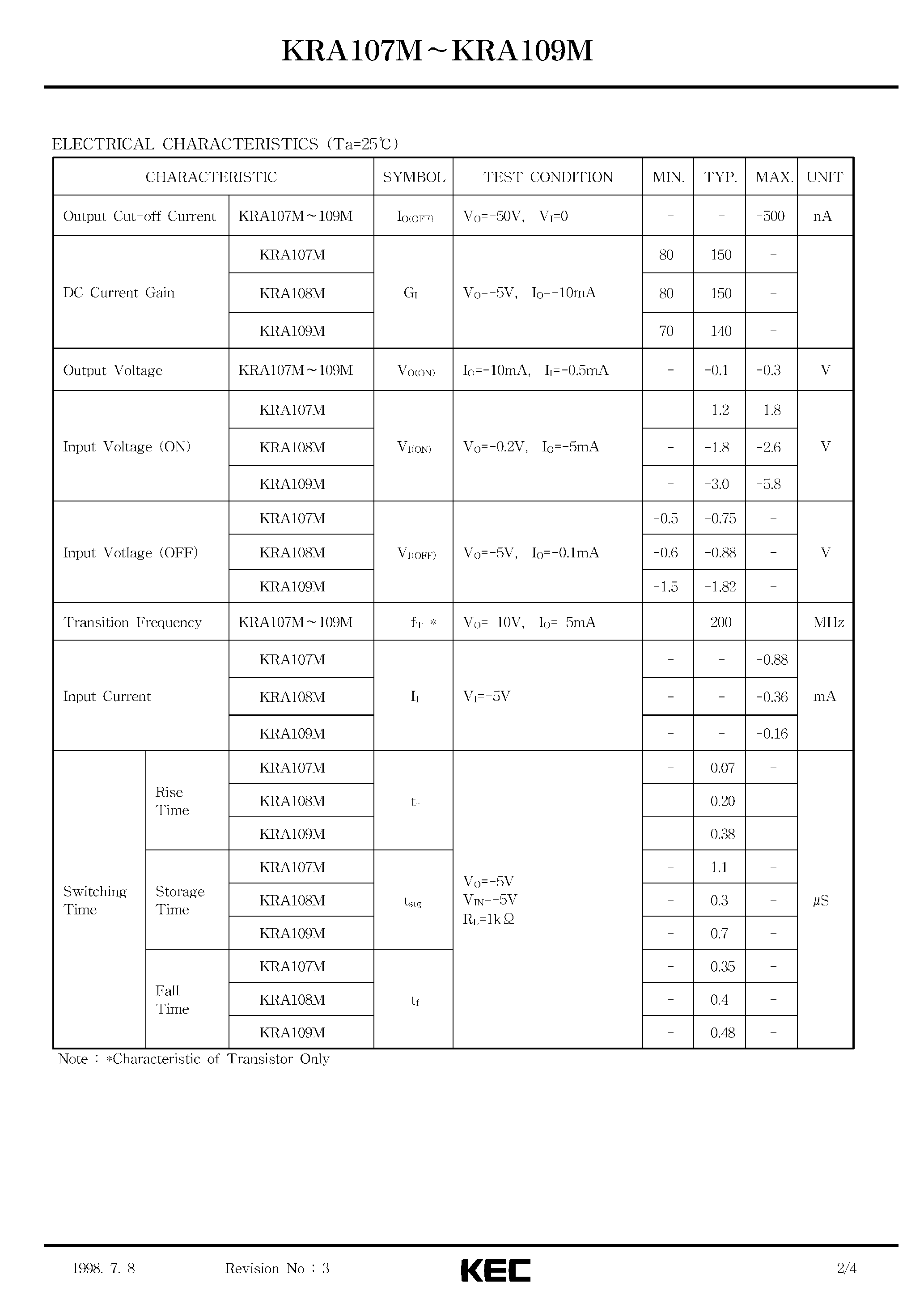 Datasheet KRA107M page 2 Datasheet KRA107M - (KRA107M - KRA109M) EPITAXIAL PLANAR PNP TRANSISTOR page 2