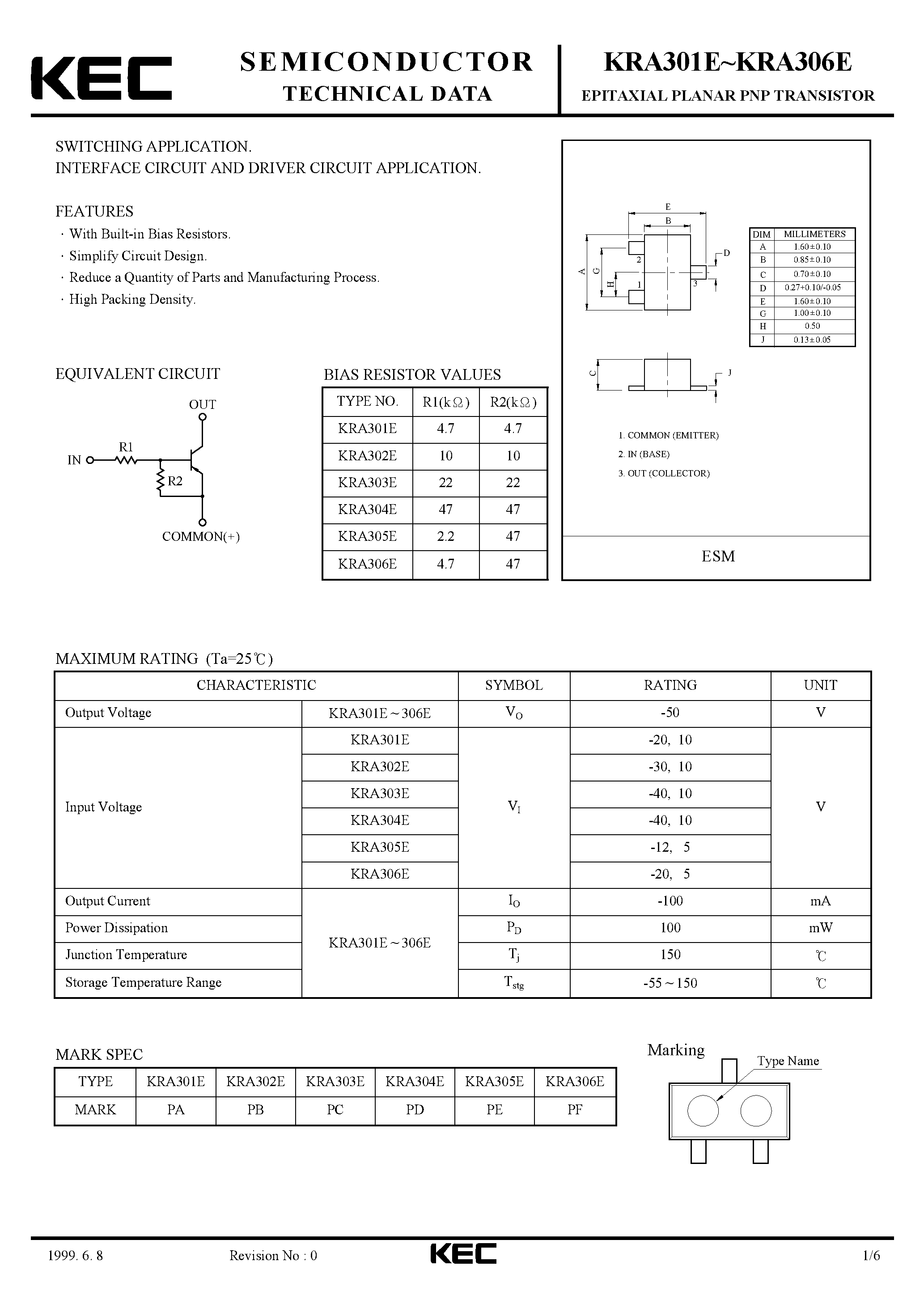 Даташит KRA301E - (KRA301E - KRA306E) EPITAXIAL PLANAR PNP TRANSISTOR страница 1