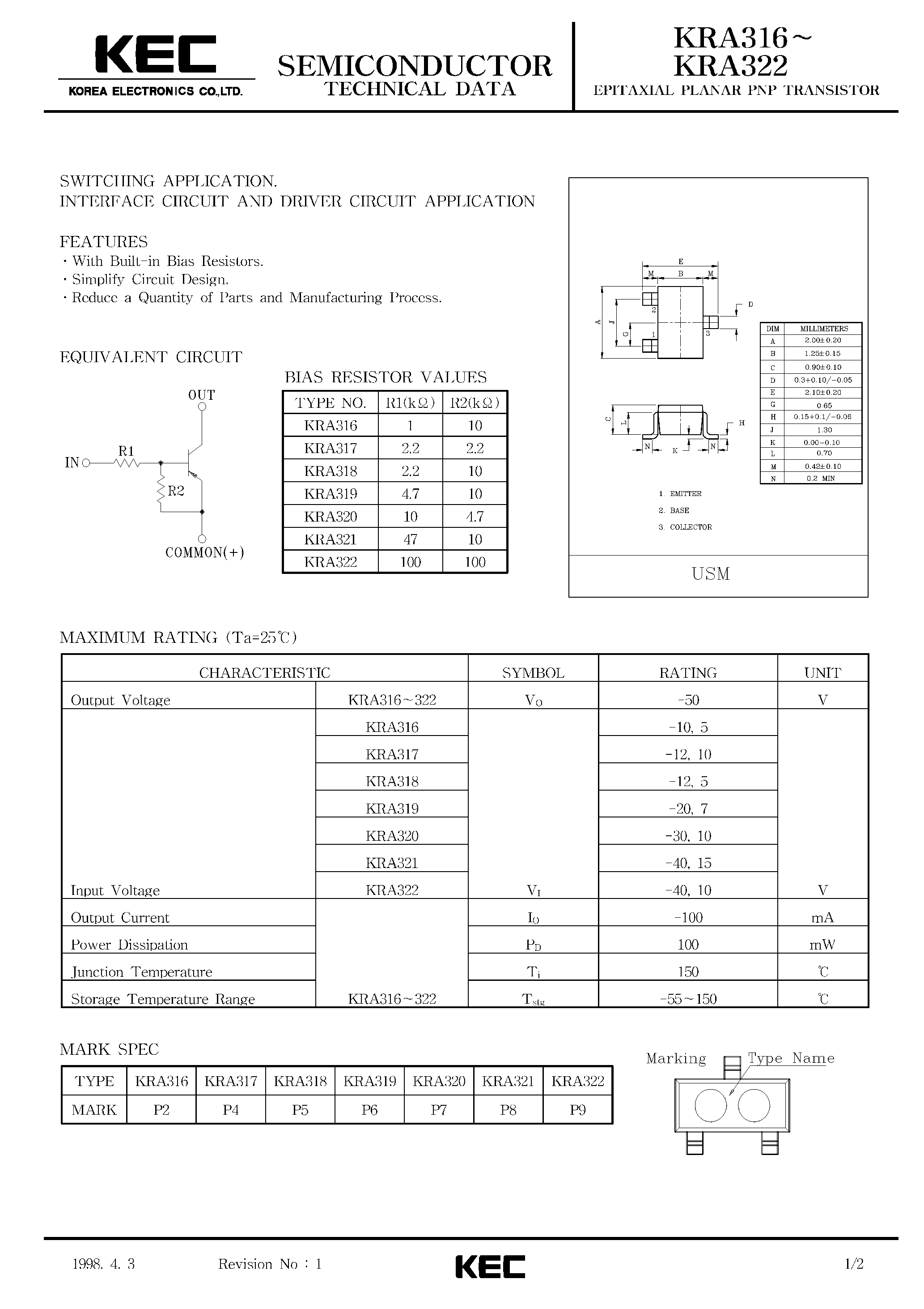Datasheet KRA316 - (KRA316 - KRA322) EPITAXIAL PLANAR PNP TRANSISTOR page 1