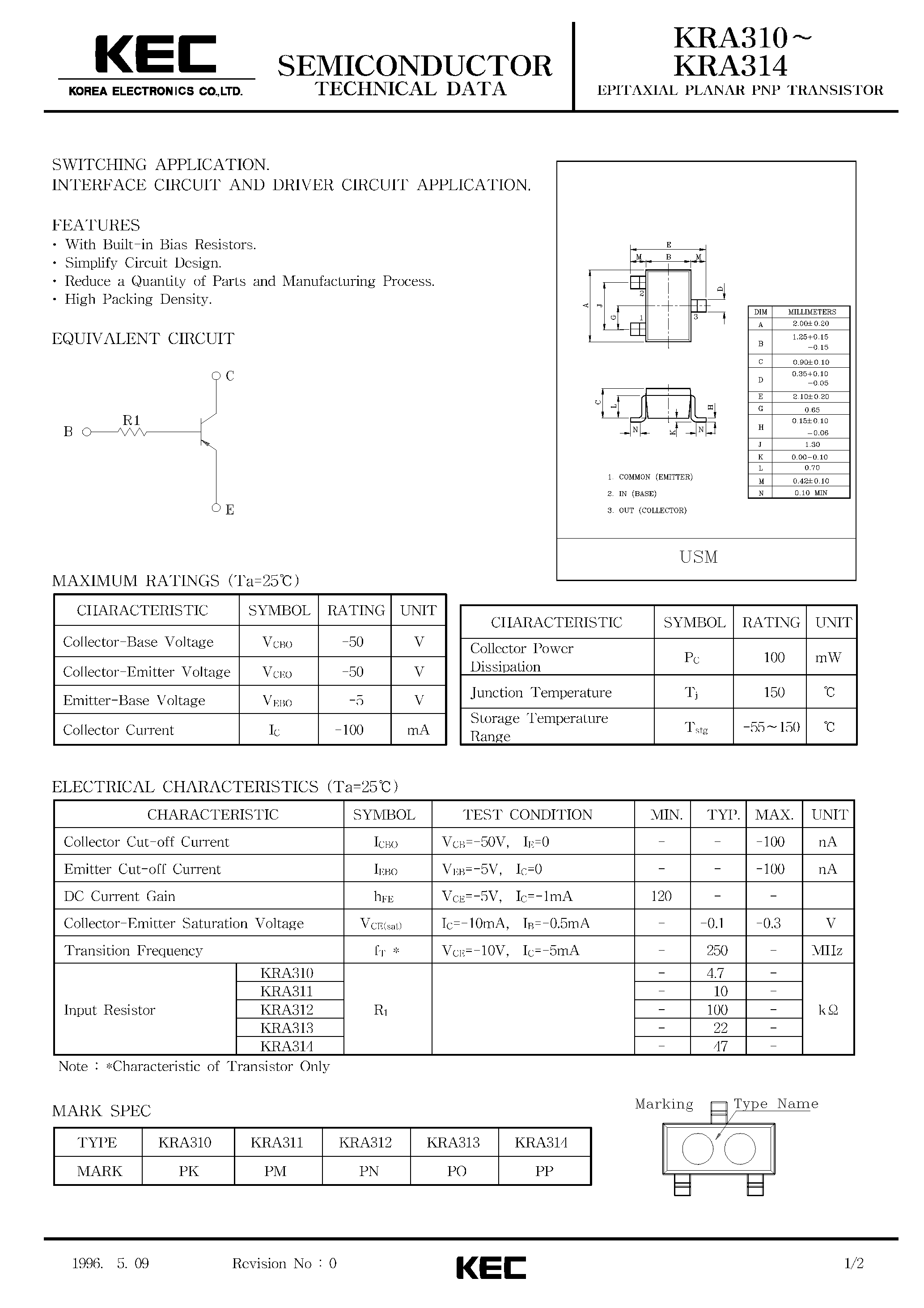 Datasheet KRA310 - (KRA310 - KRA314) EPITAXIAL PLANAR PNP TRANSISTOR page 1