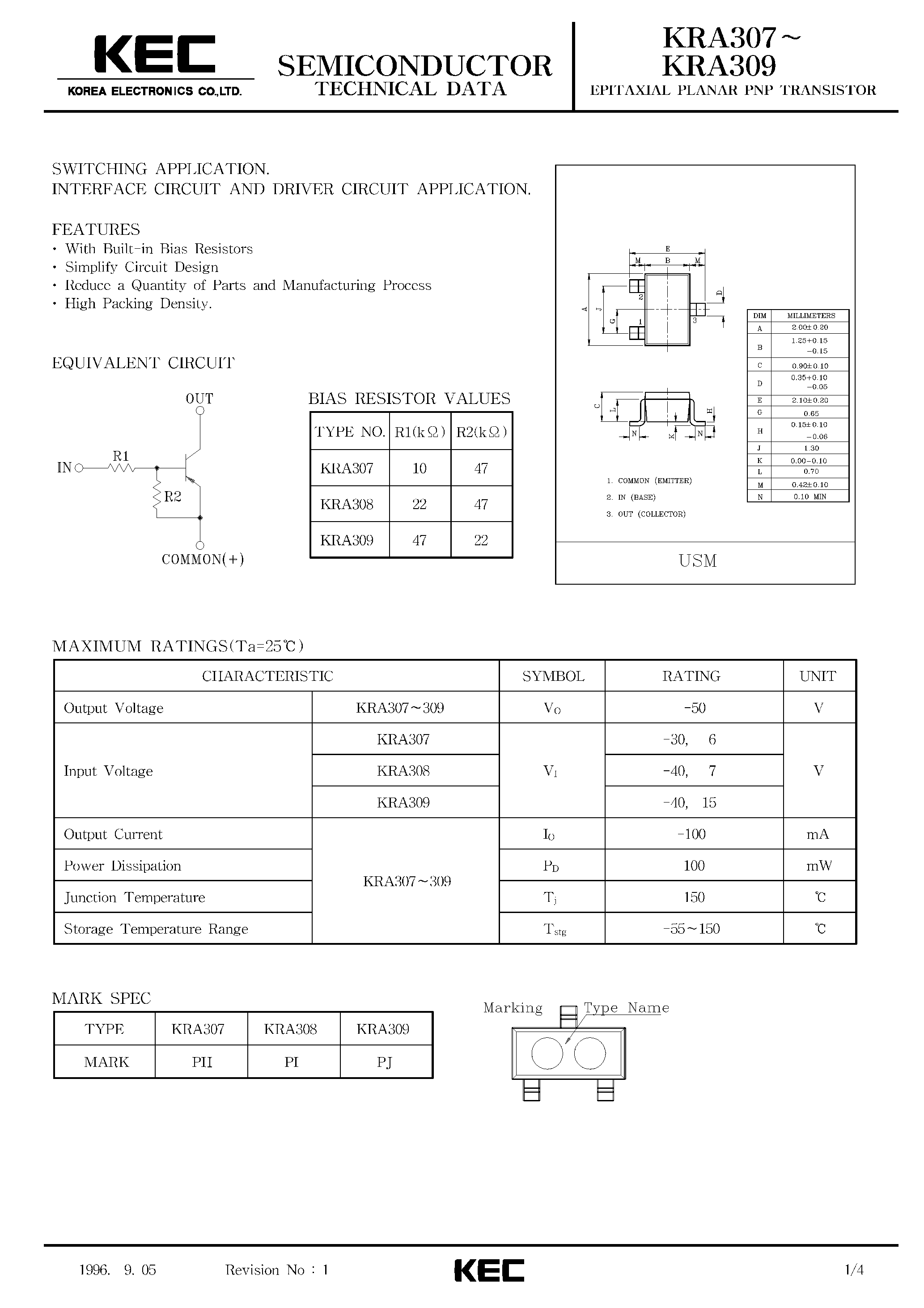 Даташит на микросхему KRA307 страница 1 Даташит KRA307 - (KRA307 - KRA309) EPITAXIAL PLANAR PNP TRANSISTOR страница 1