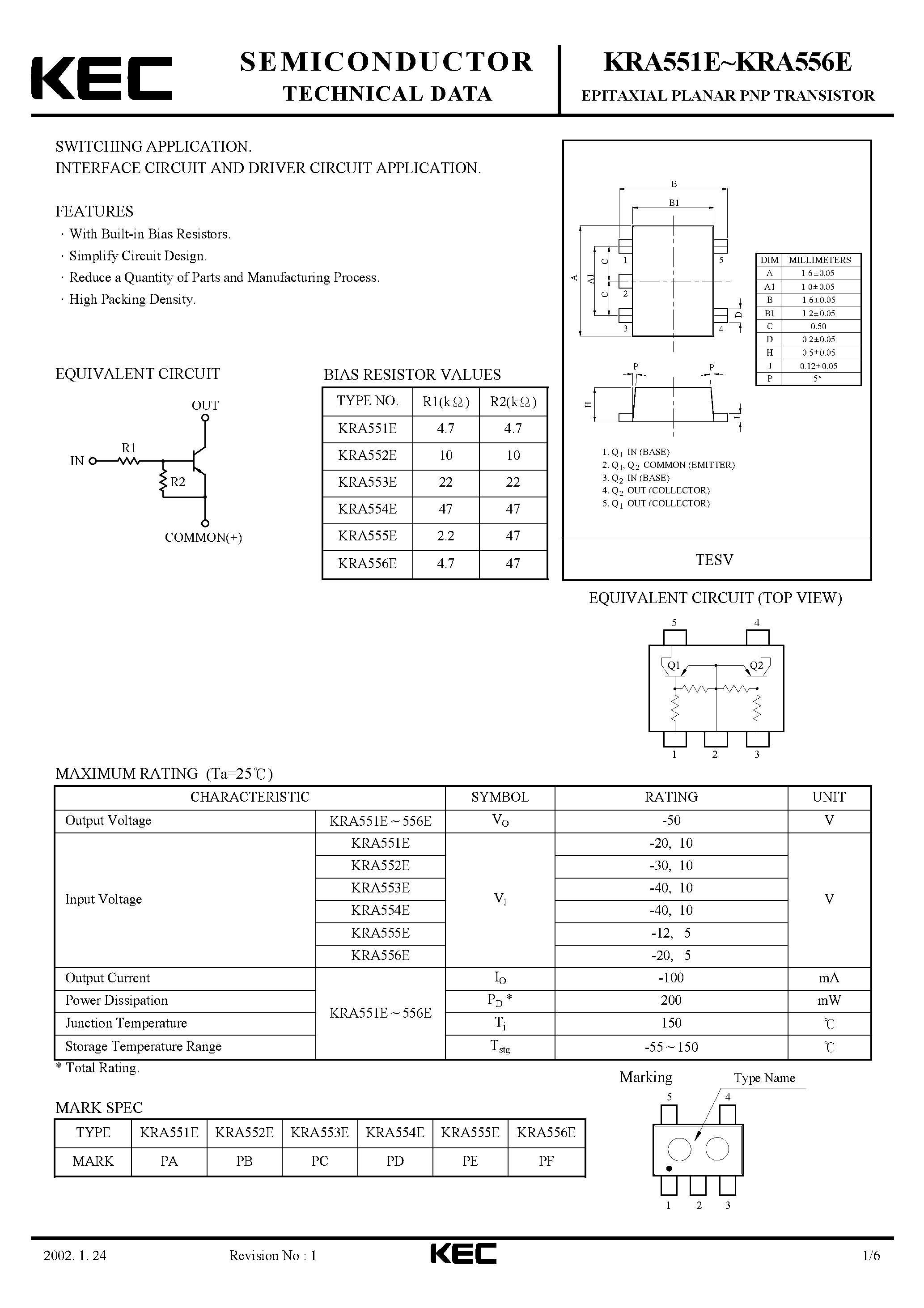 Datasheet KRA551E - (KRA551E - KRA556E) EPITAXIAL PLANAR PNP TRANSISTOR page 1