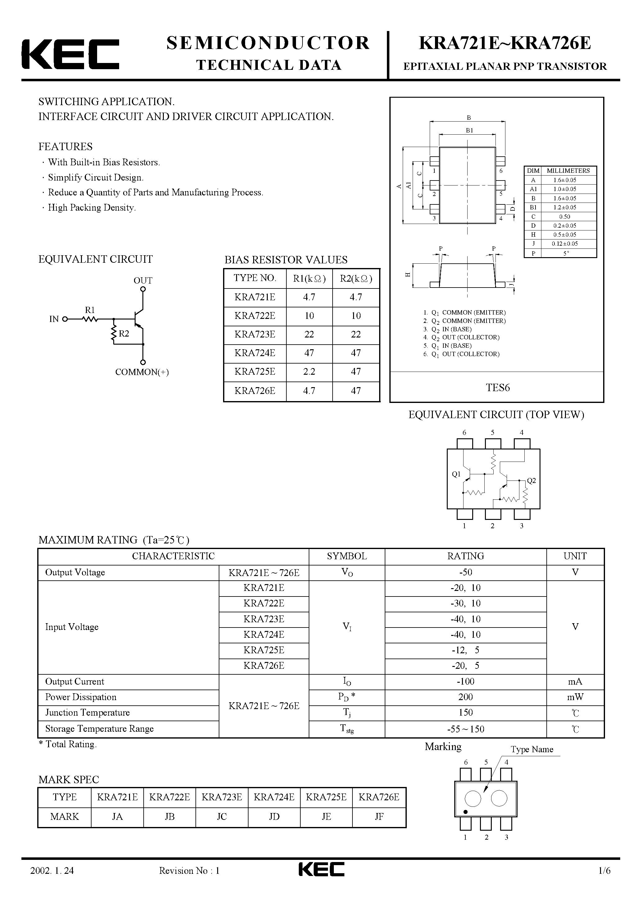 Datasheet KRA721E - (KRA721E - KRA726E) EPITAXIAL PLANAR PNP TRANSISTOR page 1