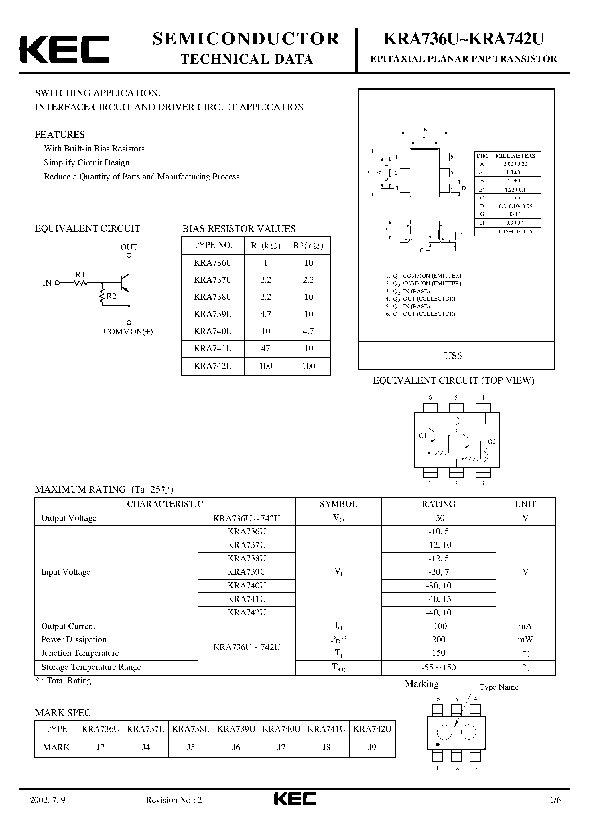 Datasheet KRA736U page 1 Datasheet KRA736U - (KRA736U - KRA742U) EPITAXIAL PLANAR PNP TRANSISTOR page 1