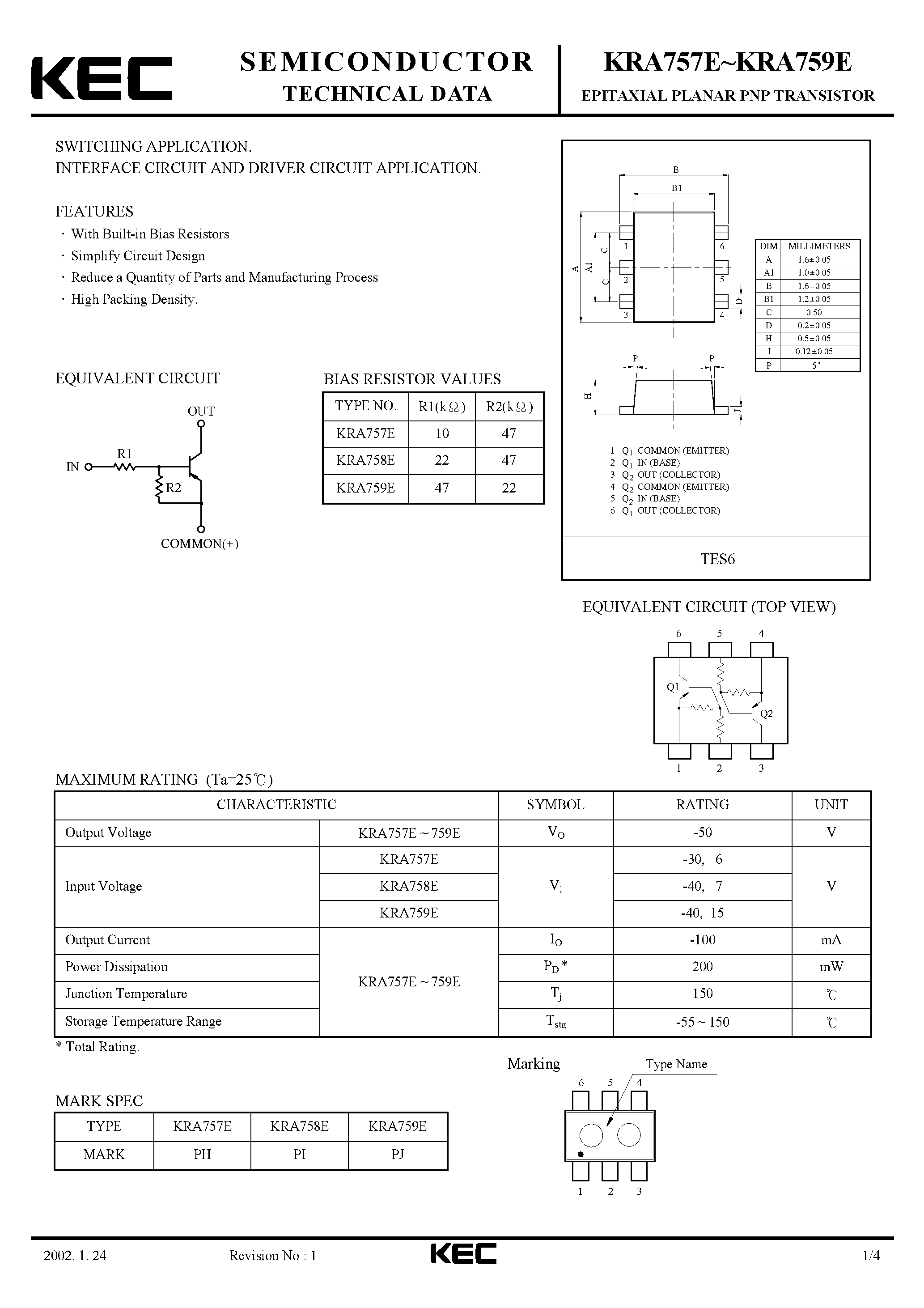 Даташит KRA757E - (KRA757E - KRA759E) EPITAXIAL PLANAR PNP TRANSISTOR страница 1