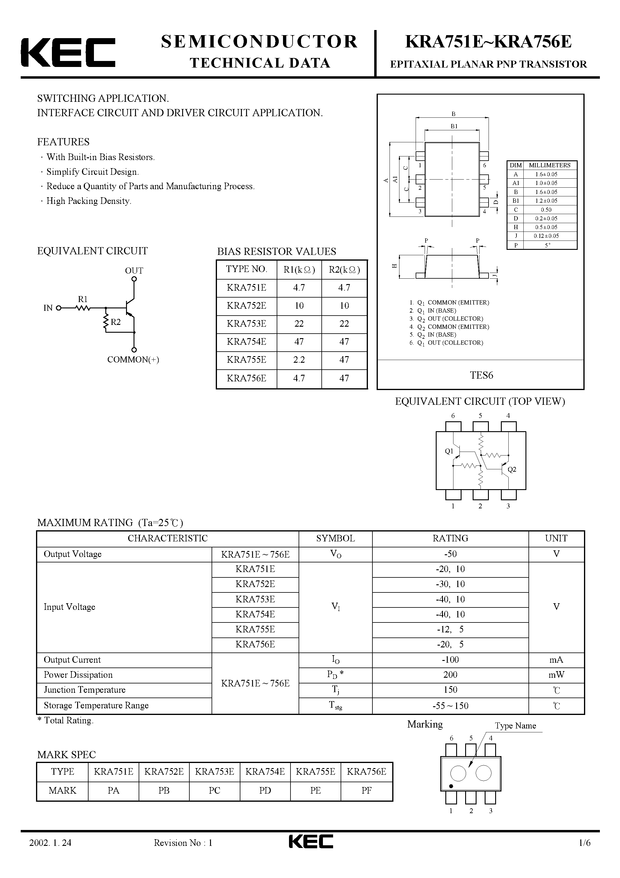 Даташит KRA751E - (KRA751E - KRA756E) EPITAXIAL PLANAR PNP TRANSISTOR страница 1