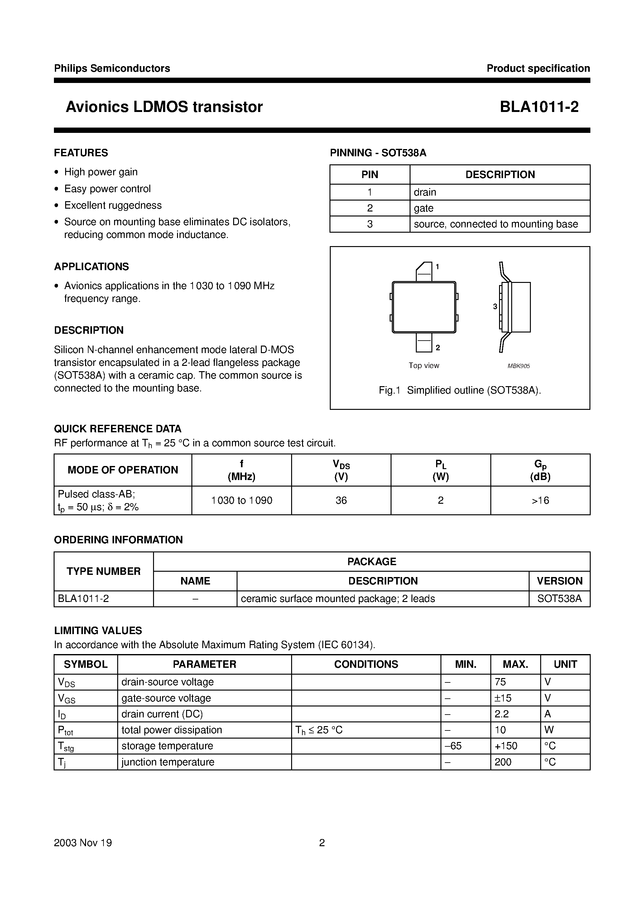 Datasheet BLA1011-2 - Avionics LDMOS transistor page 2