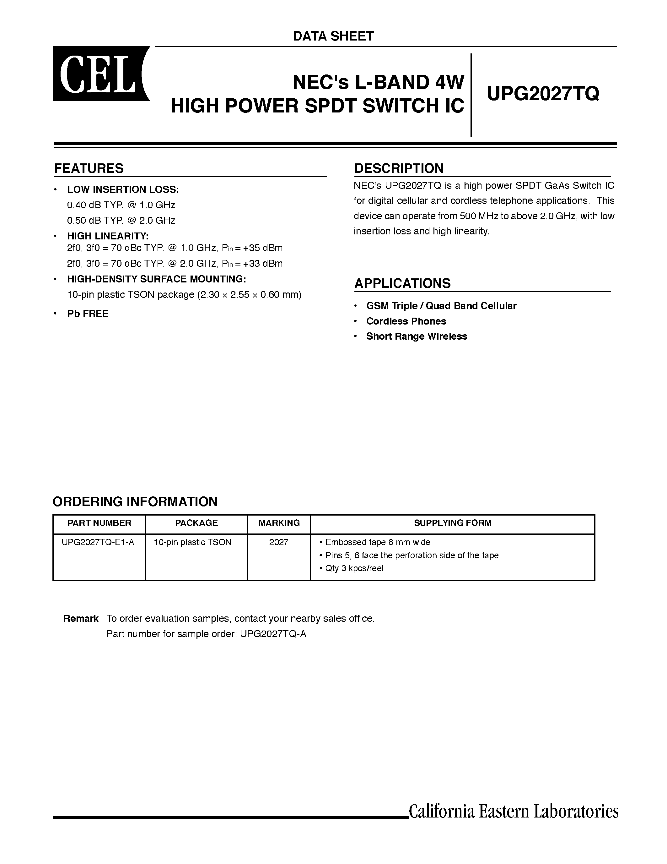 Datasheet UPG2027TQ page 1 Datasheet UPG2027TQ - NECs L-BAND 4W HIGH POWER SPDT SWITCH IC page 1