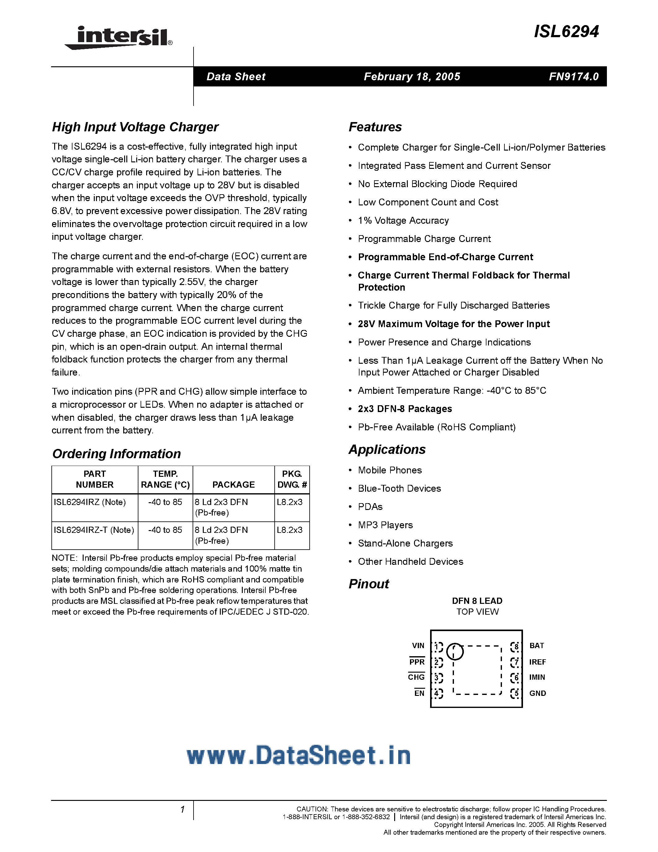 Datasheet ISL6294 - High Input Voltage Charger page 1