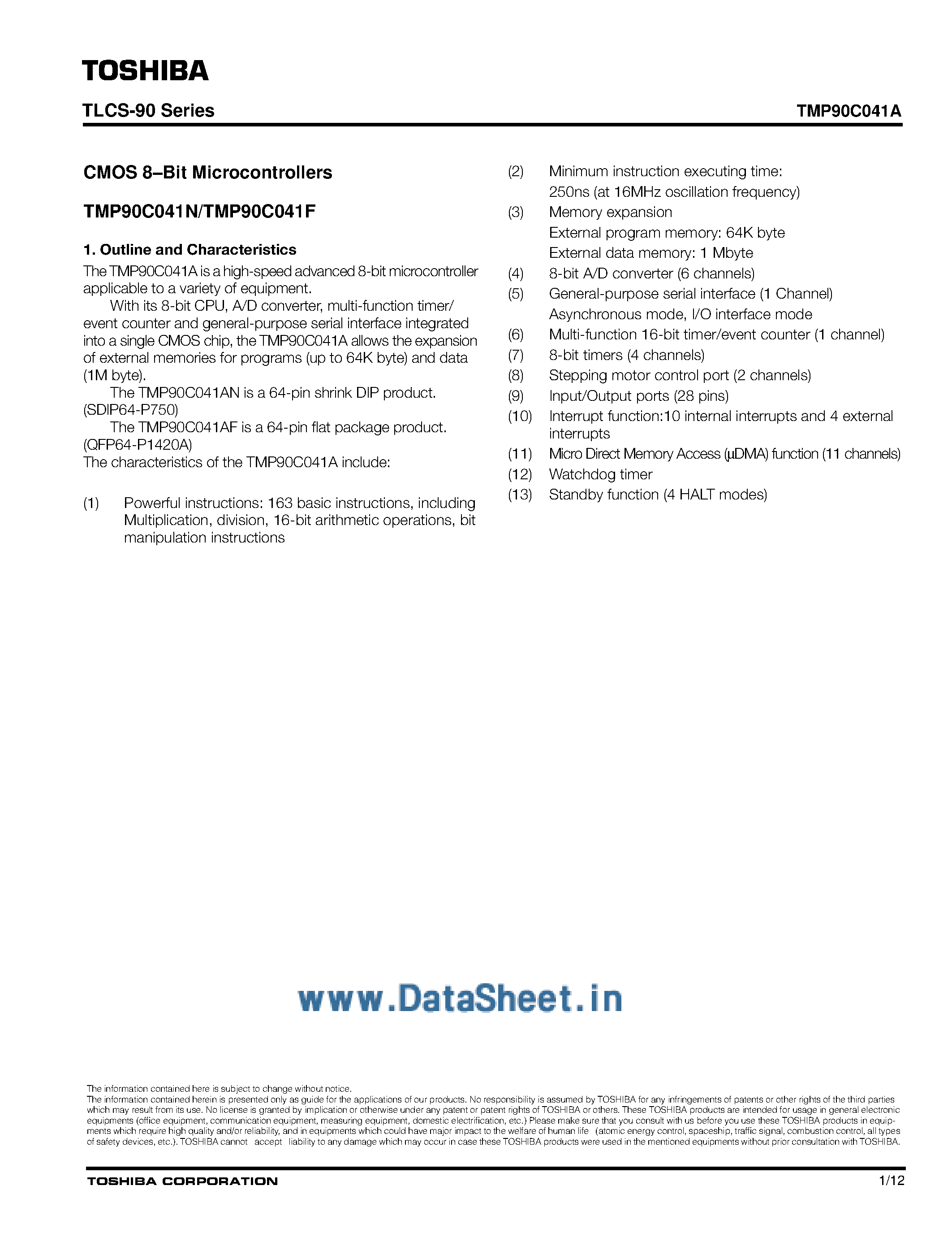 Datasheet TMP90C041A - CMOS 8-Bit Microcontrollers page 1