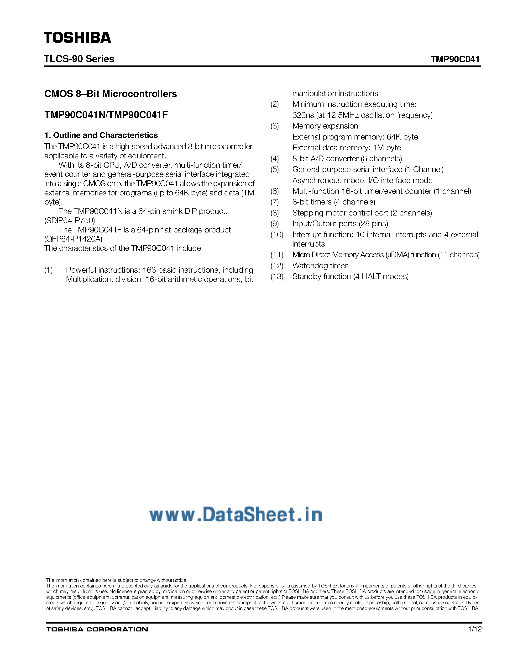 Datasheet TMP90C041 - CMOS 8-Bit Microcontrollers page 1