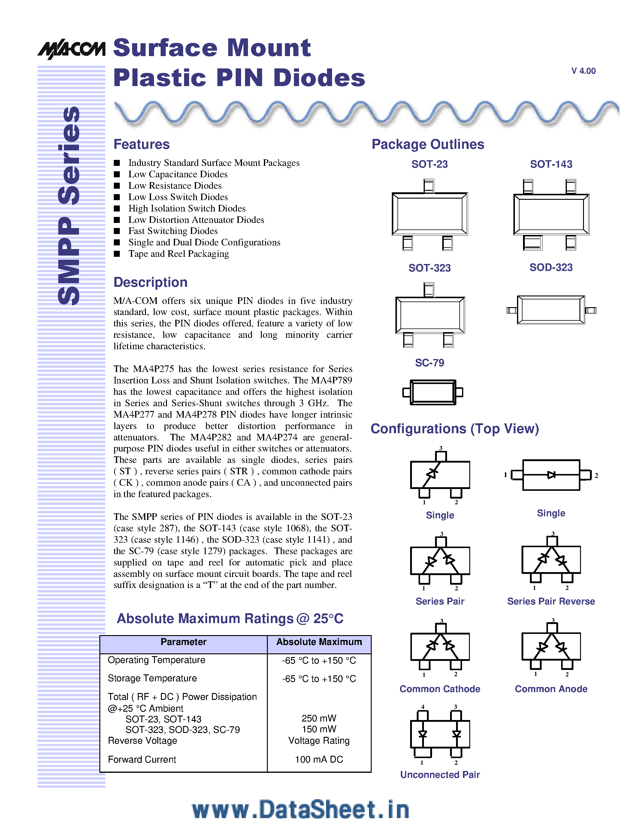 Даташит на микросхему MA47xxx страница 1 Даташит MA47xxx - Surface Mount Plastic PIN Diodes страница 1