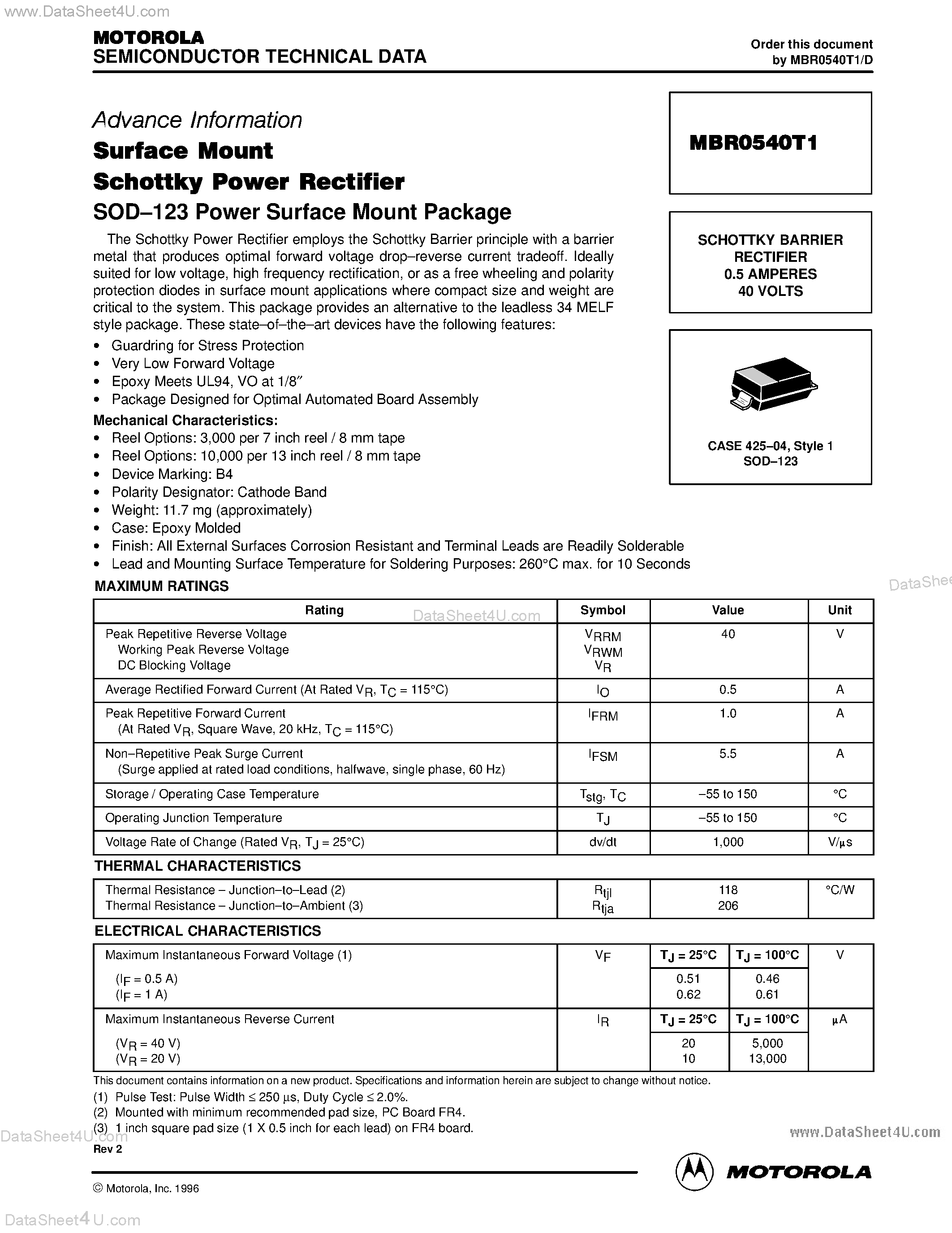 Datasheet MBR0540T1 - SCHOTTKY BARRIER RECTIFIER 0.5 AMPERES 40 VOLTS page 1