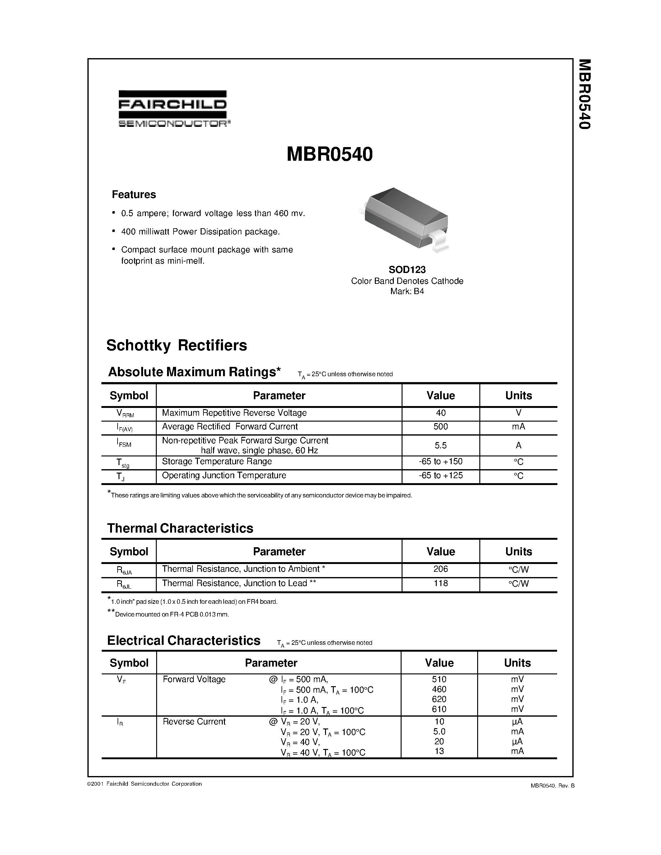 Datasheet MBR0540 - 1.0 Ampere Schottky Power Rectifiers page 1