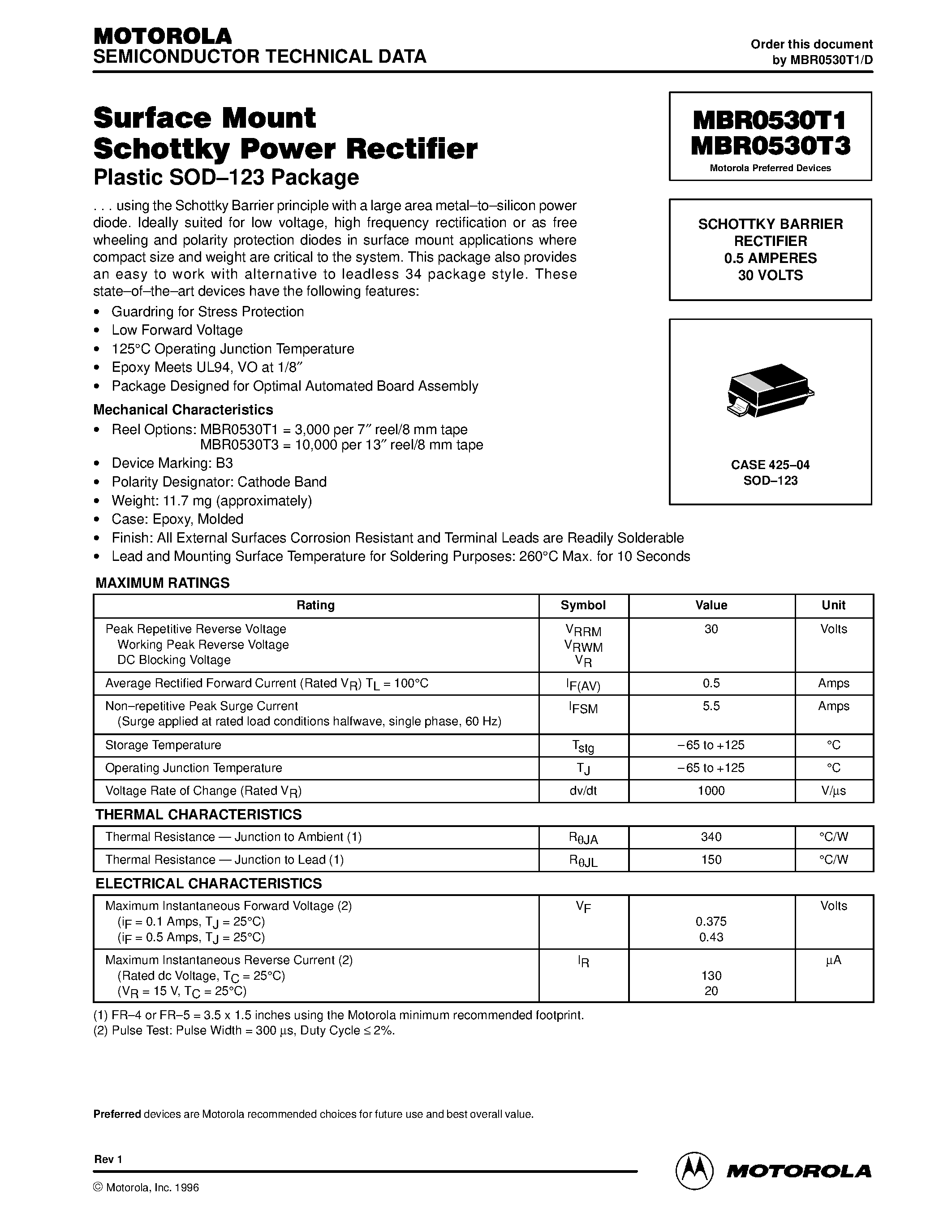 Datasheet MBR0530T1 - (MBR0530T1 / MBR0530T3) SCHOTTKY BARRIER RECTIFIER 0.5 AMPERES 30 VOLTS page 1