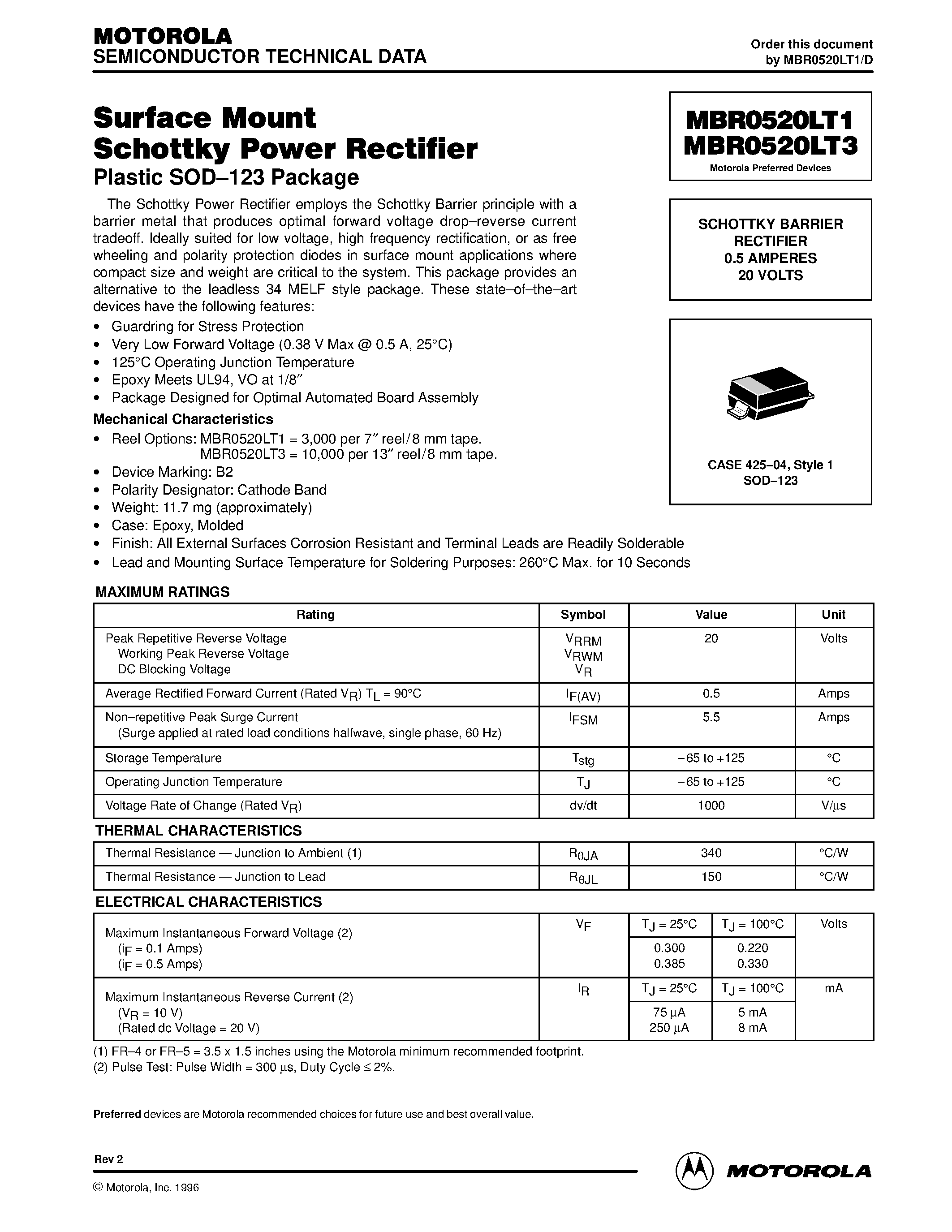 Datasheet MBR0520LT1 - (MBR0520LT1 / MBR0520LT3) SCHOTTKY BARRIER RECTIFIER 0.5 AMPERES 20 VOLTS page 1