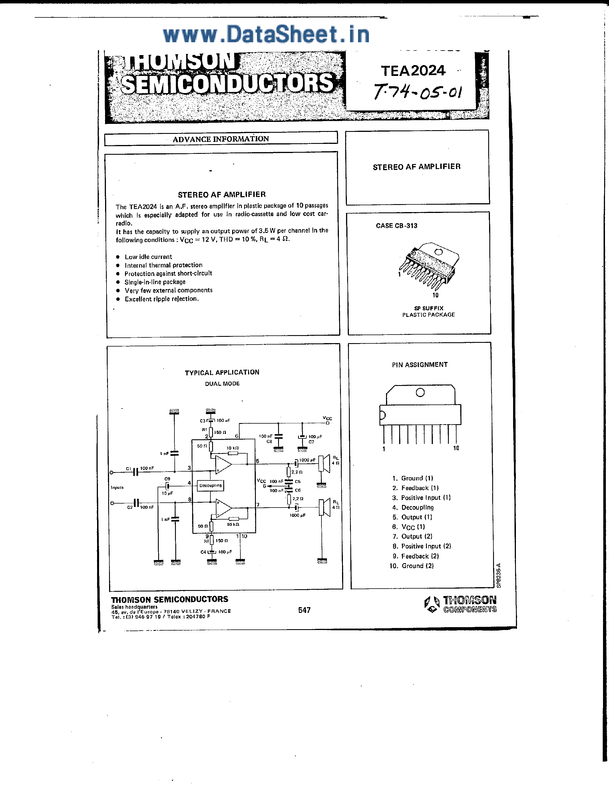 Datasheet TEA2024 - Stereo AF Amplifier page 1