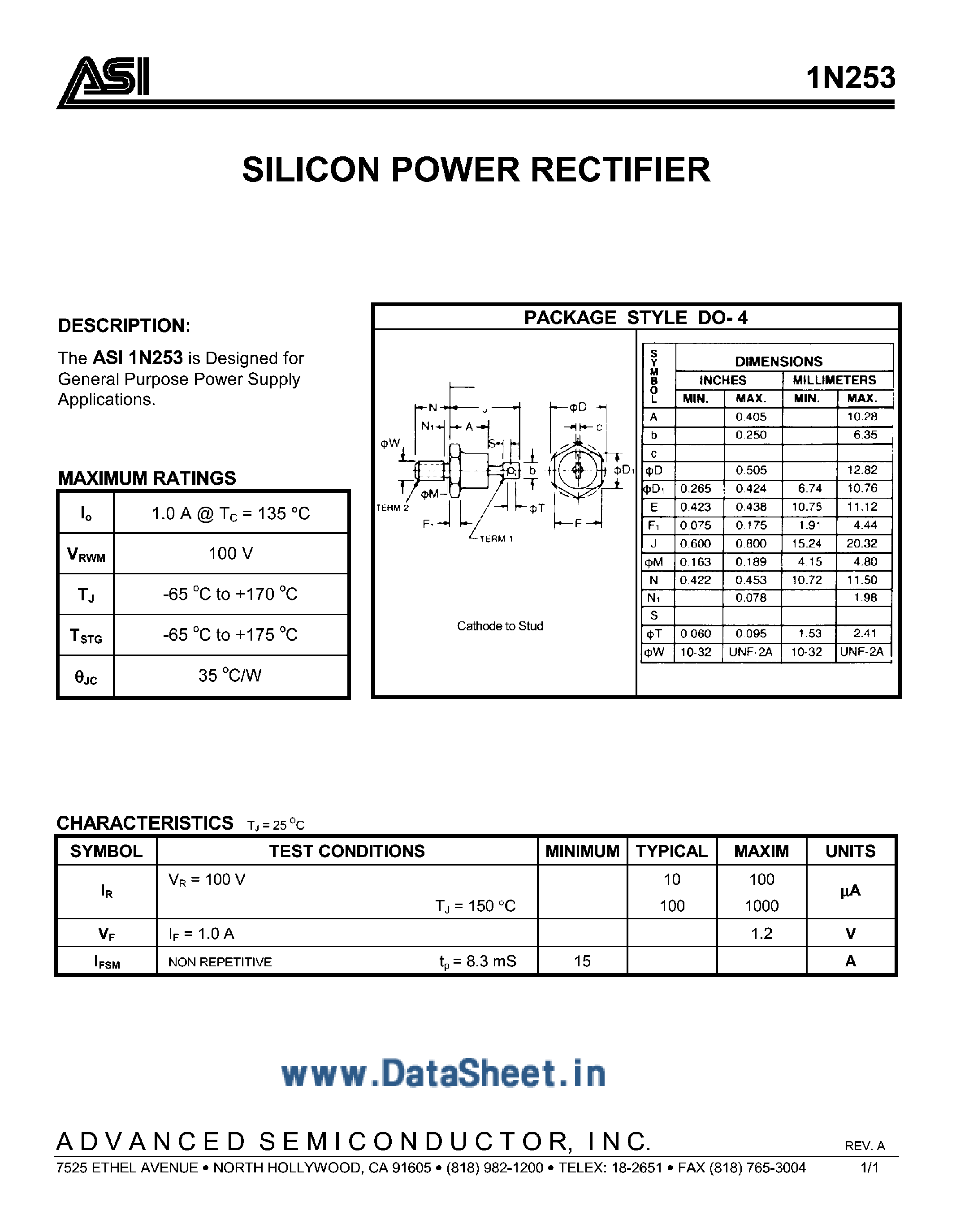 Даташит 1N253 - Silicon Power Rectifier страница 1
