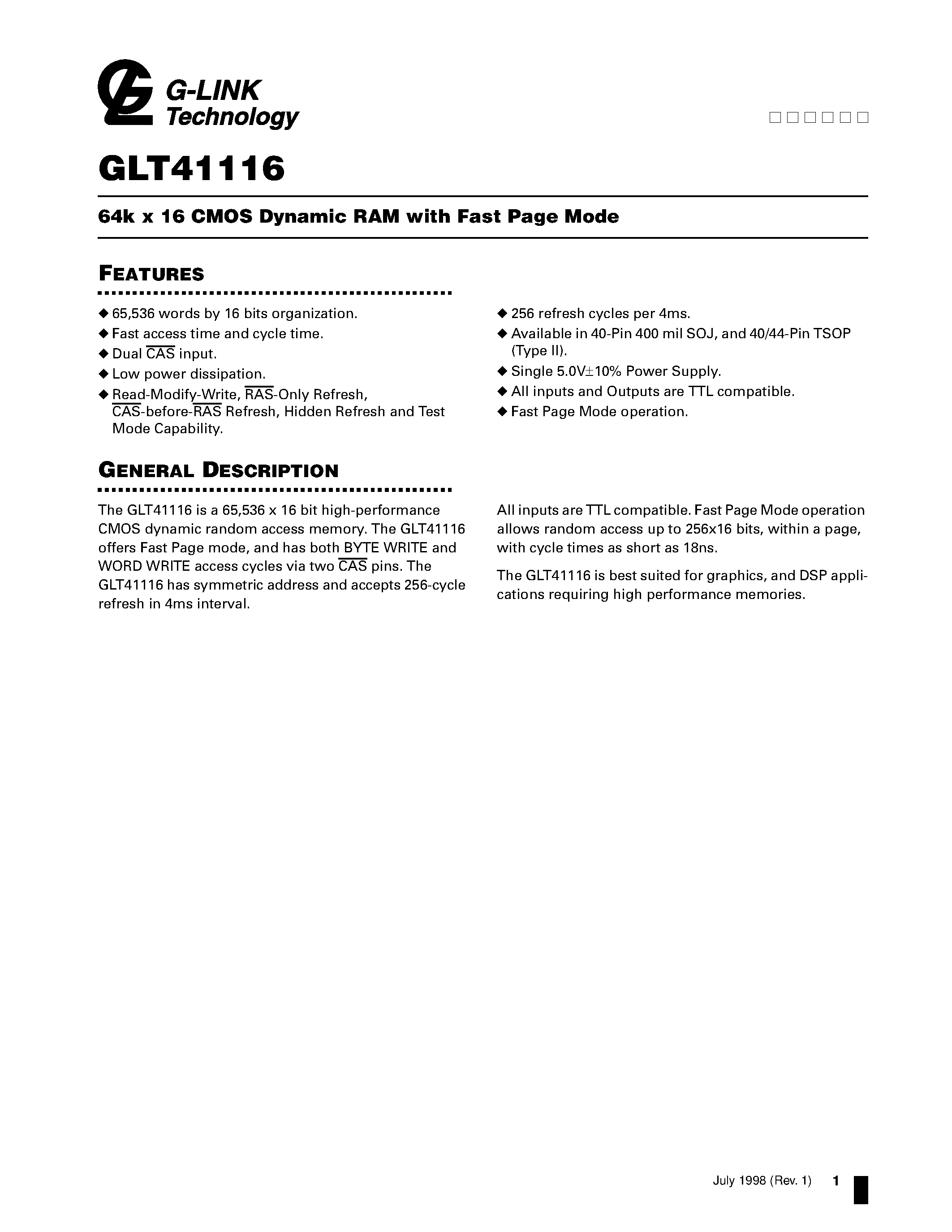 Даташит на микросхему GLT41116 страница 1 Даташит GLT41116 - 64k x 16 CMOS Dynamic RAM with Fast Page Mode страница 1