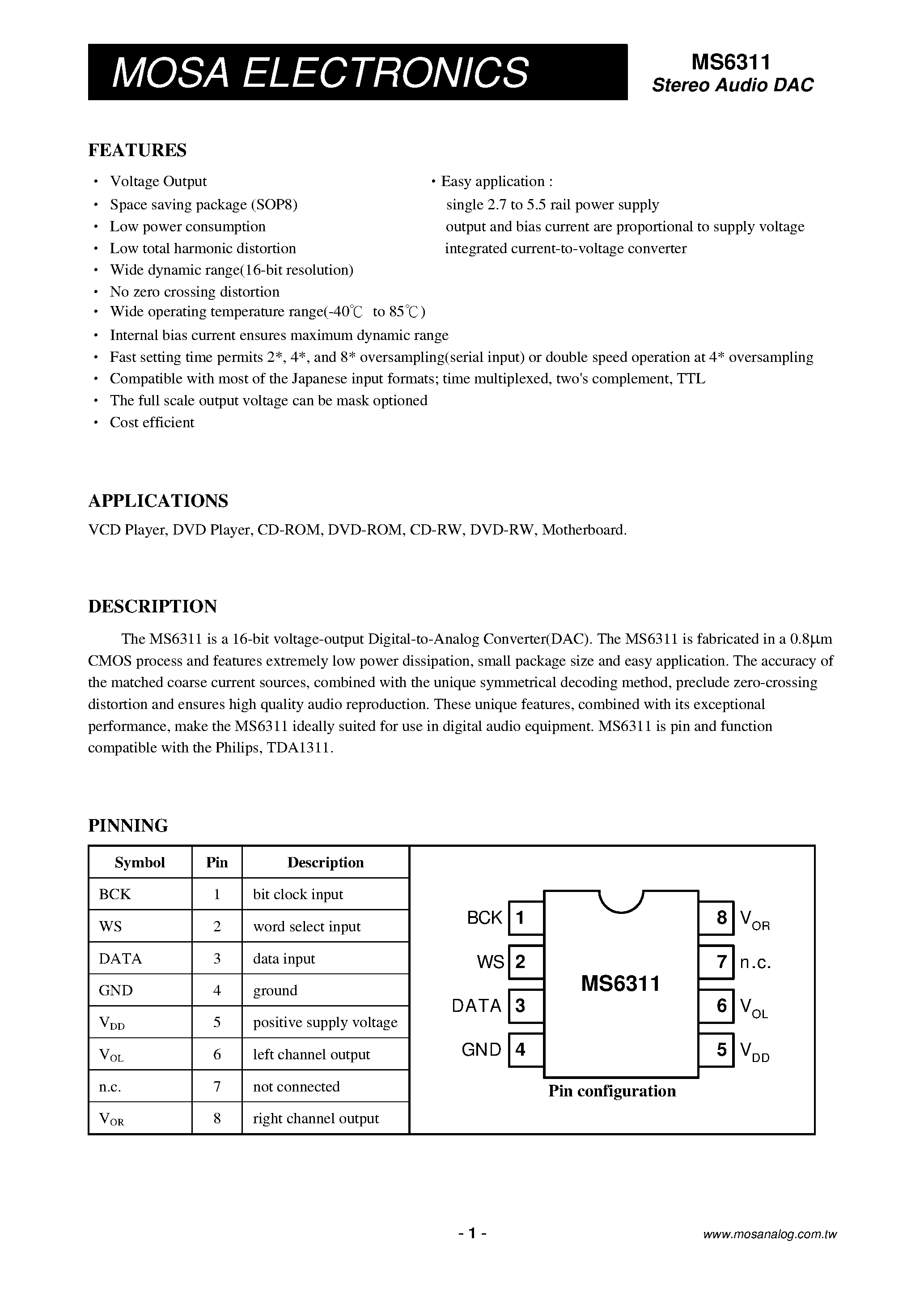 Datasheet MS6311 - Stereo Audio DAC page 1