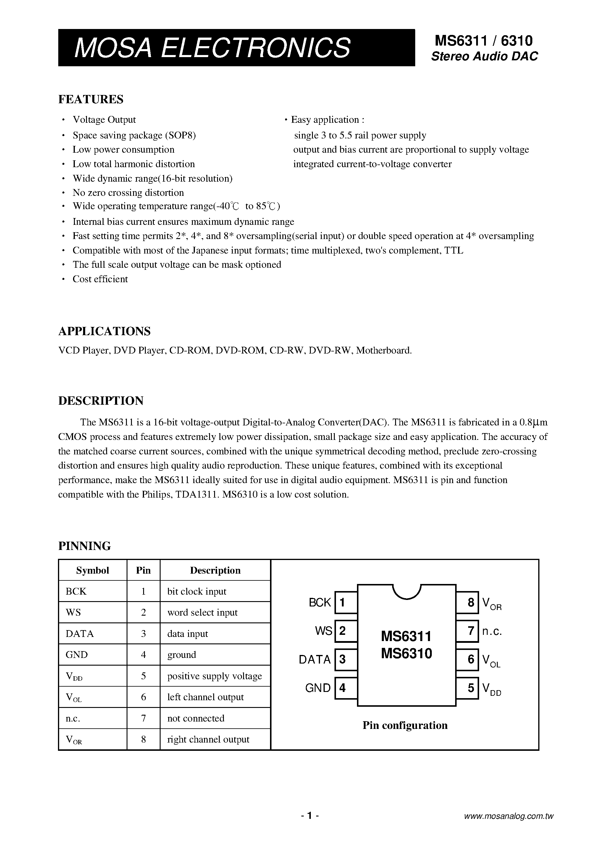 Datasheet MS6310 - (MS6310 / MS6311) Stereo Audio DAC page 1