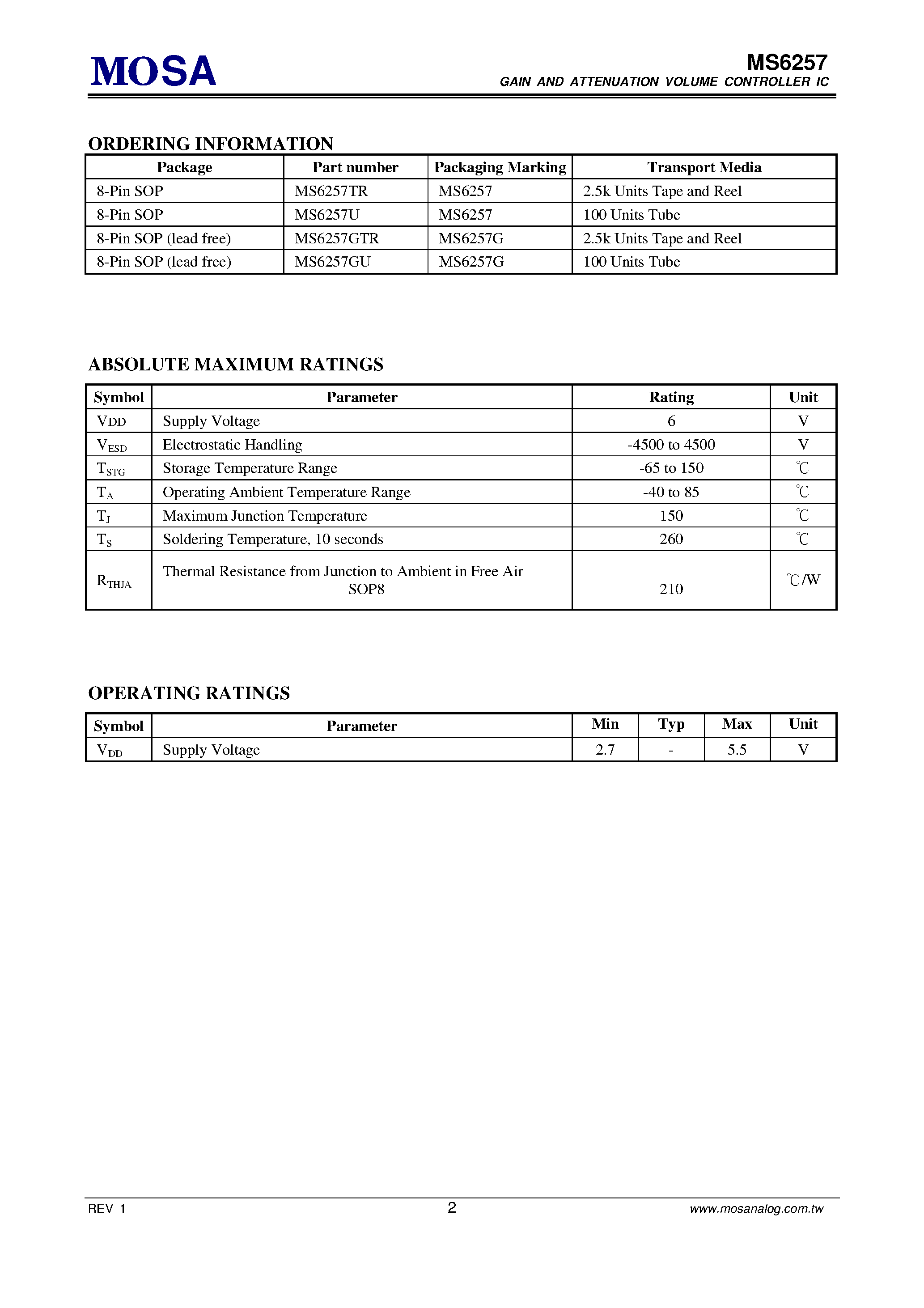 Даташит MS6257 - Gain and Attenuation Volume Controller IC One Set of Stereo Input страница 2