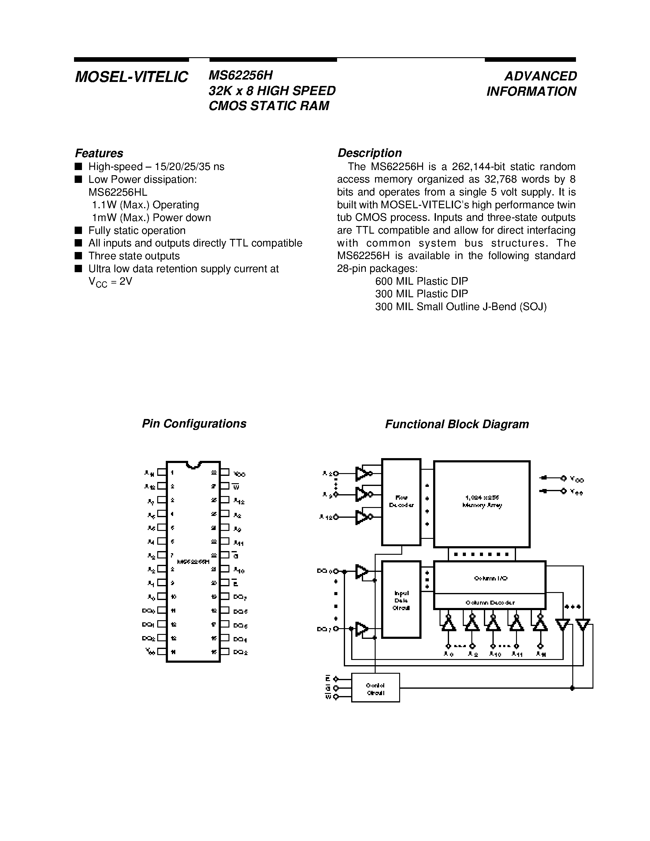 Datasheet MS62256H - 32K x 8 HIGH SPEED CMOS STATIC RAM page 1