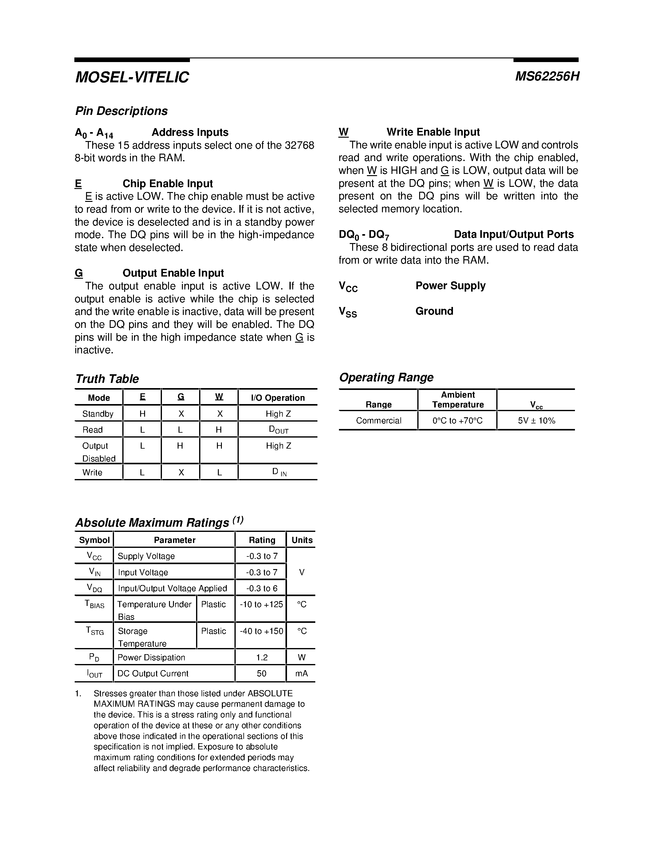 Datasheet MS62256H - 32K x 8 HIGH SPEED CMOS STATIC RAM page 2
