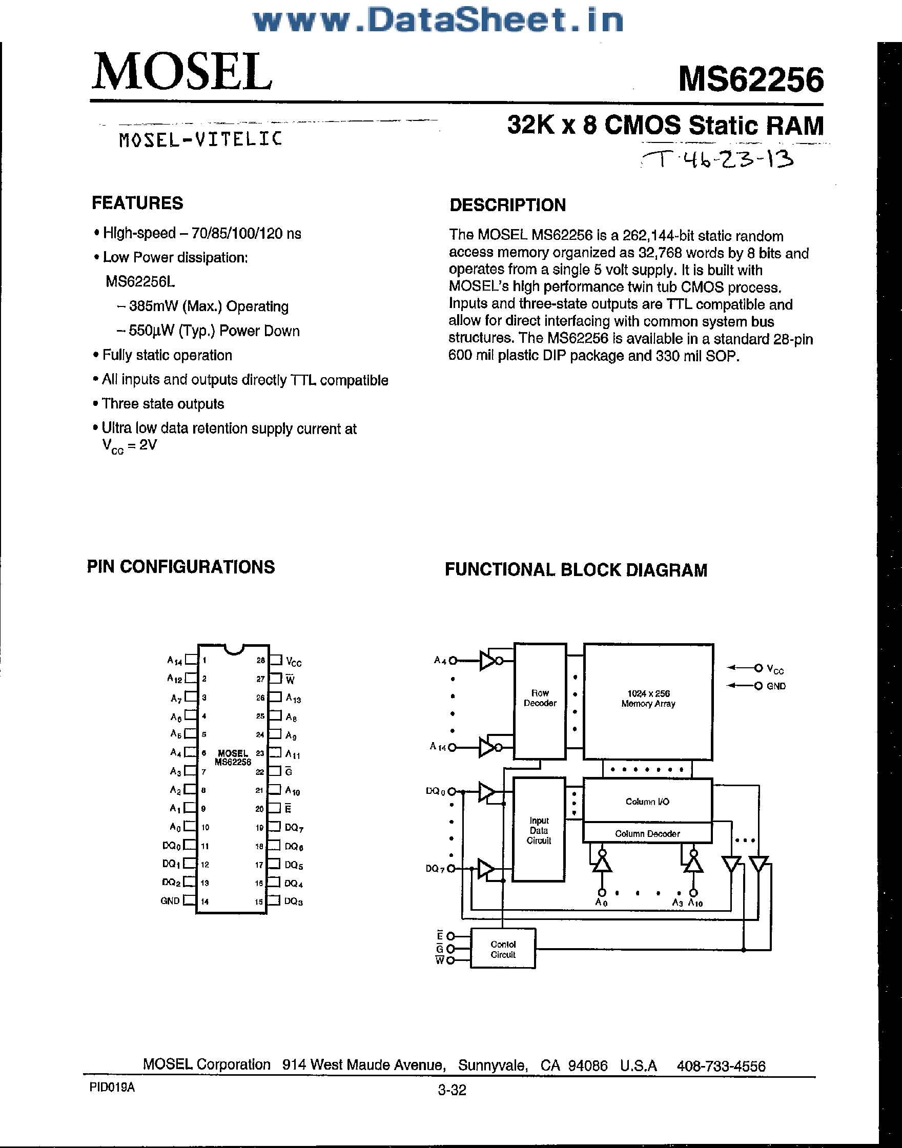 Datasheet MS62256 - 32K x 8 CMOS Static RAM page 1