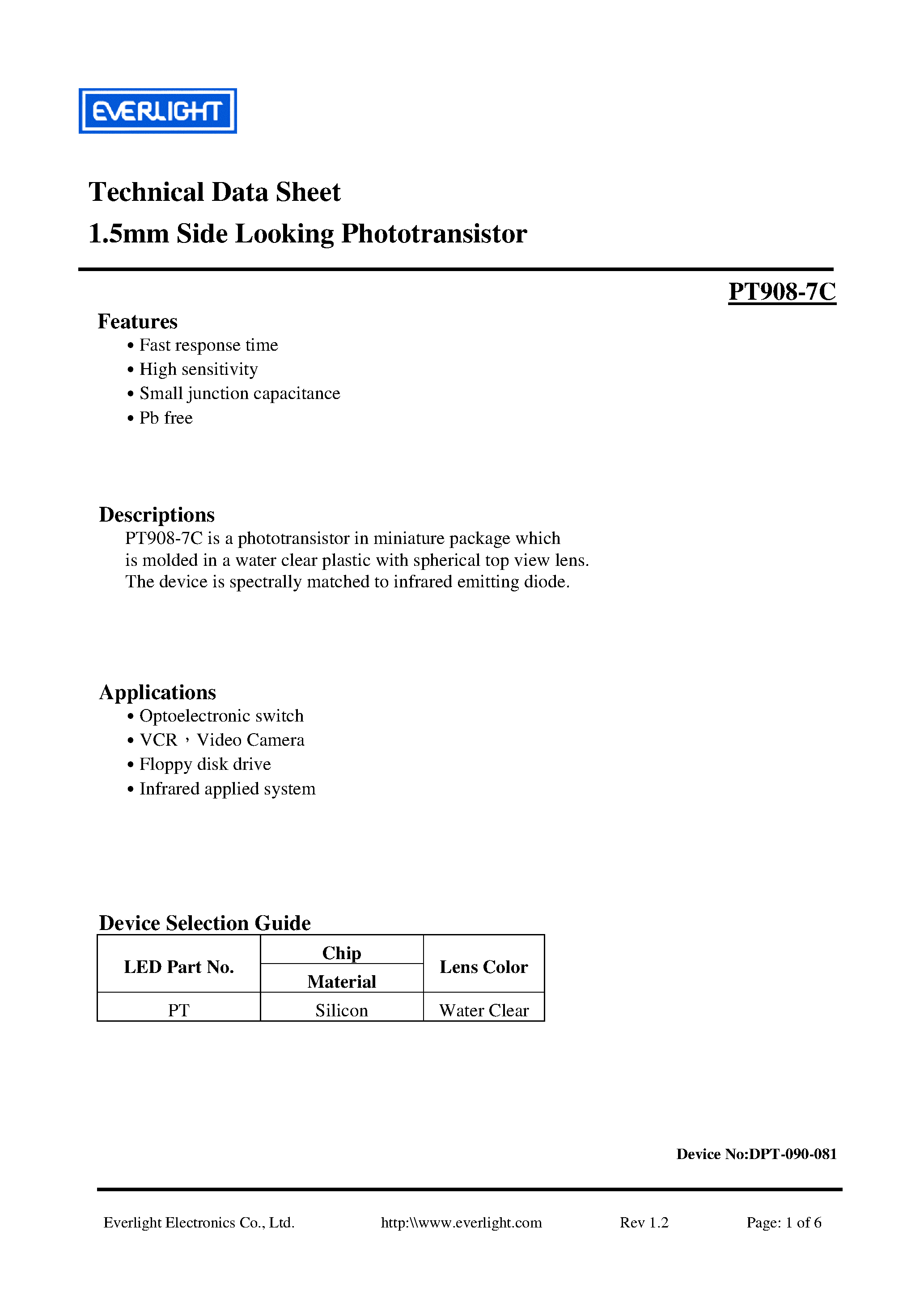 Datasheet PT908-7C page 1 Datasheet PT908-7C - Technical Data Sheet 1.5mm Side Looking Phototransistor page 1