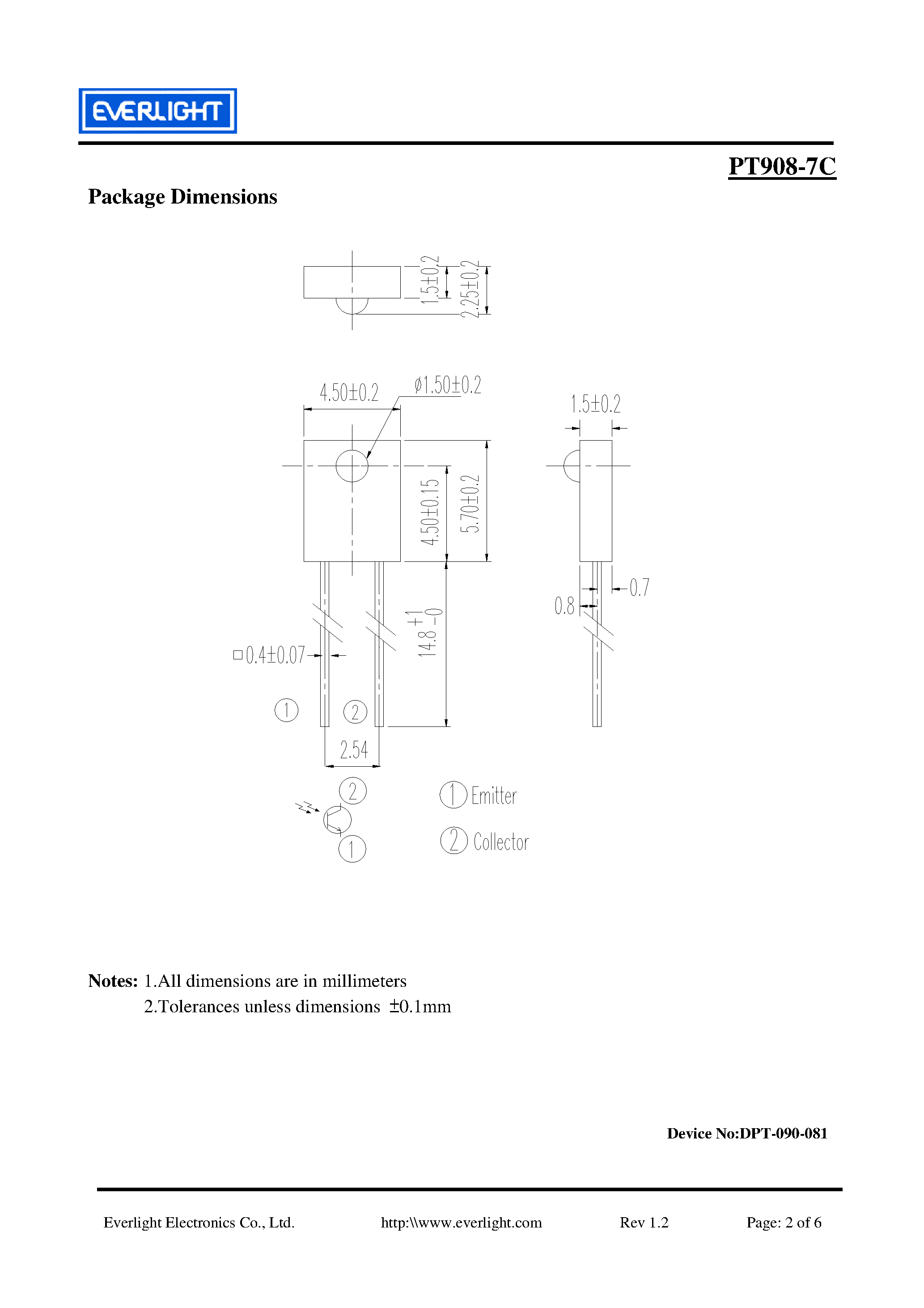 Datasheet PT908-7C page 2 Datasheet PT908-7C - Technical Data Sheet 1.5mm Side Looking Phototransistor page 2