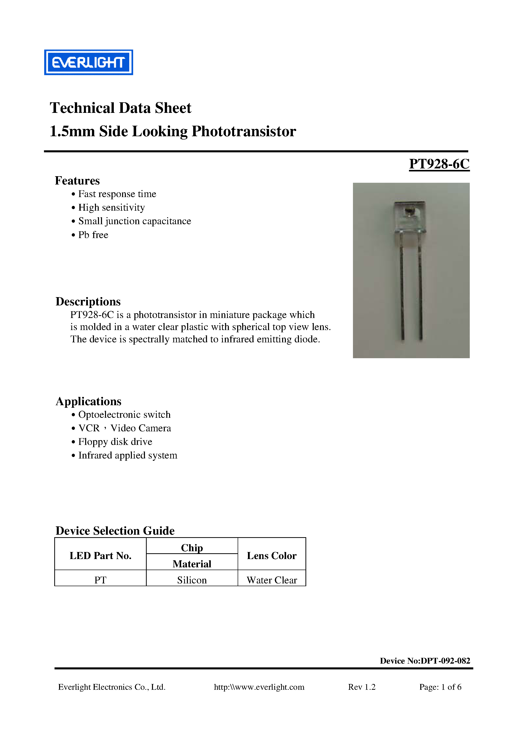 Datasheet PT928-6C - 1.5mm Side Looking Phototransistor page 1