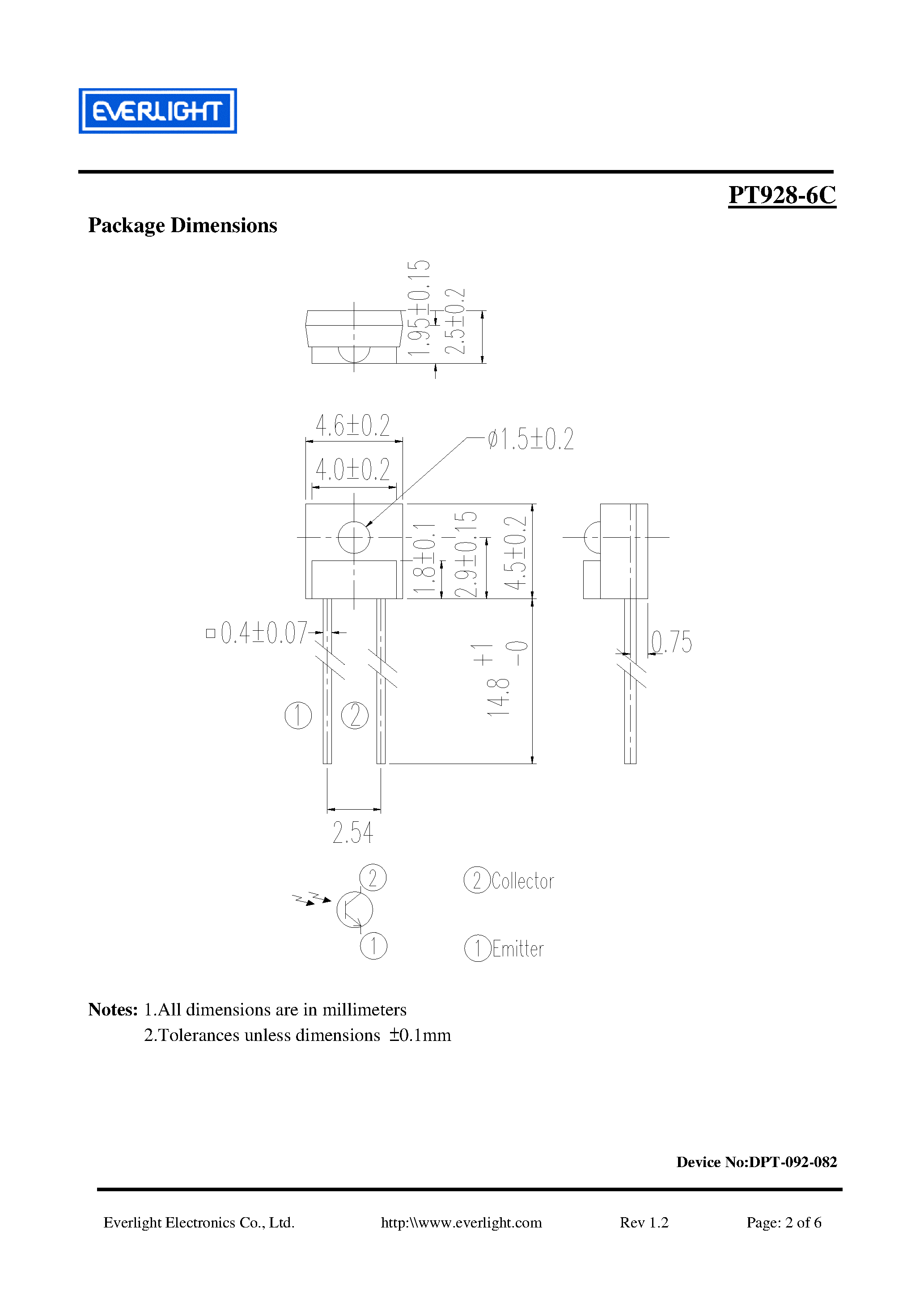 Datasheet PT928-6C - 1.5mm Side Looking Phototransistor page 2