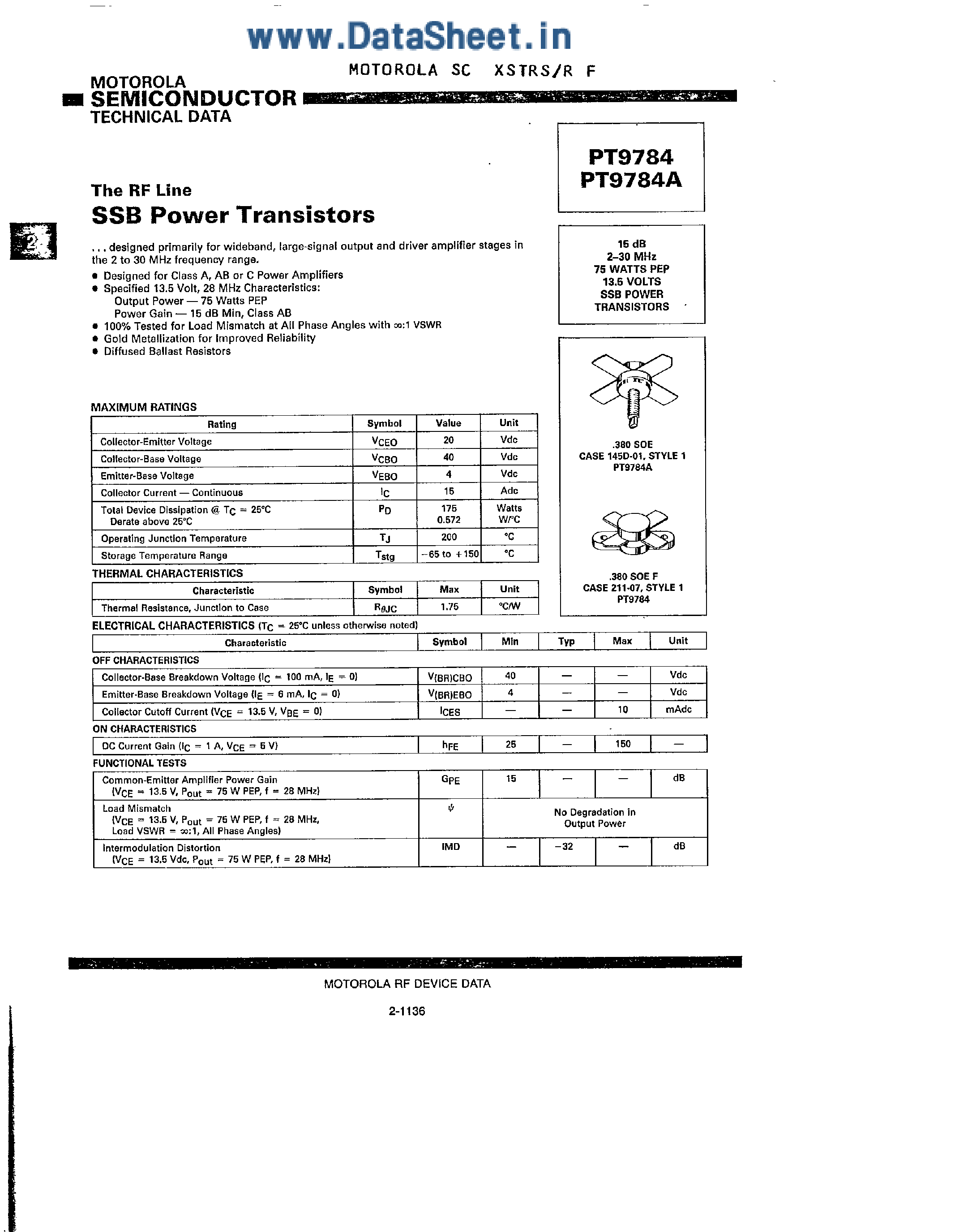 Datasheet PT9784 - SSB POWER TRANSISTORS page 1