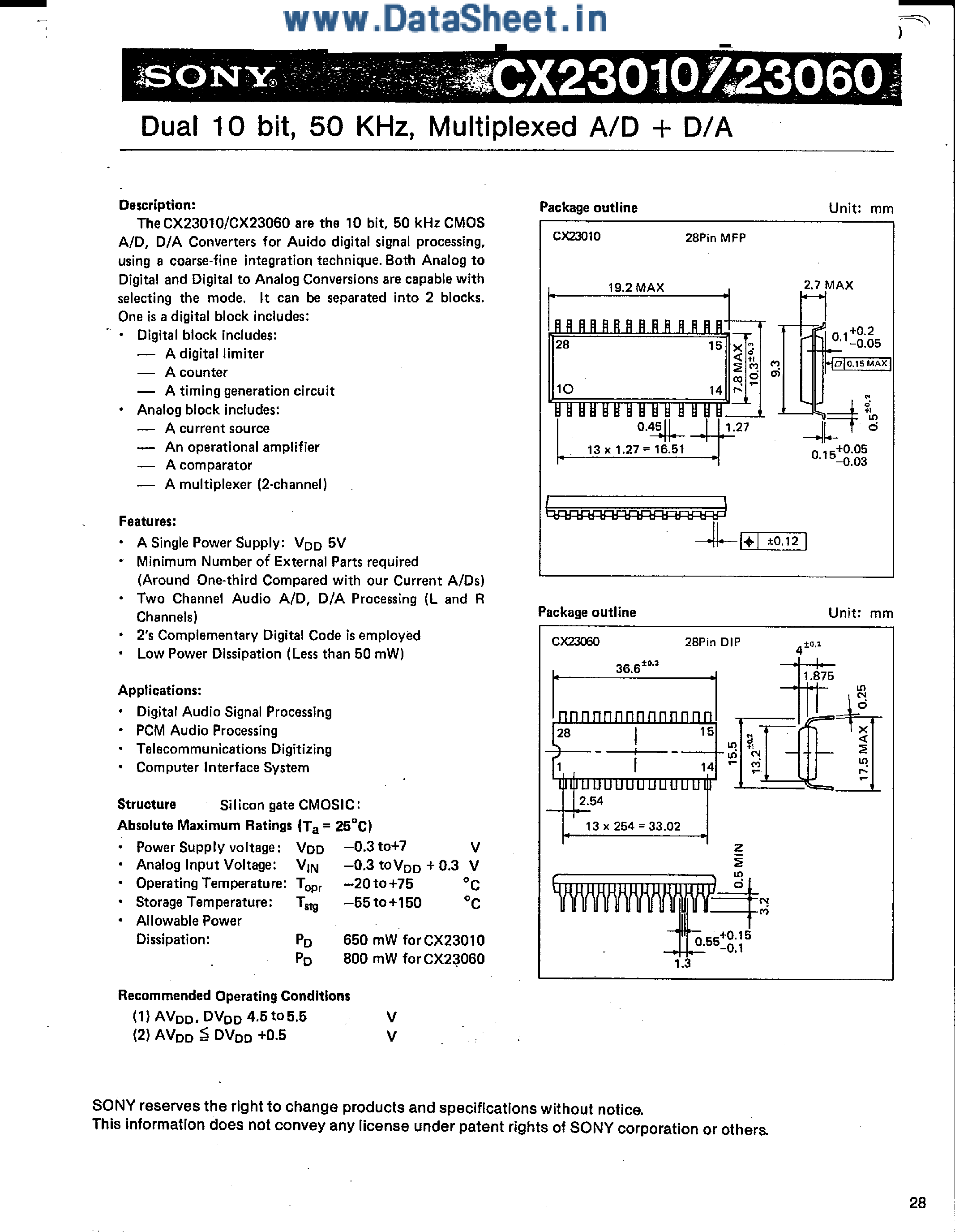Datasheet CX23010 page 1 Datasheet CX23010 - (CX23010 / CX23060) Dual 10-Bit Multiplexed A/D + D/A page 1