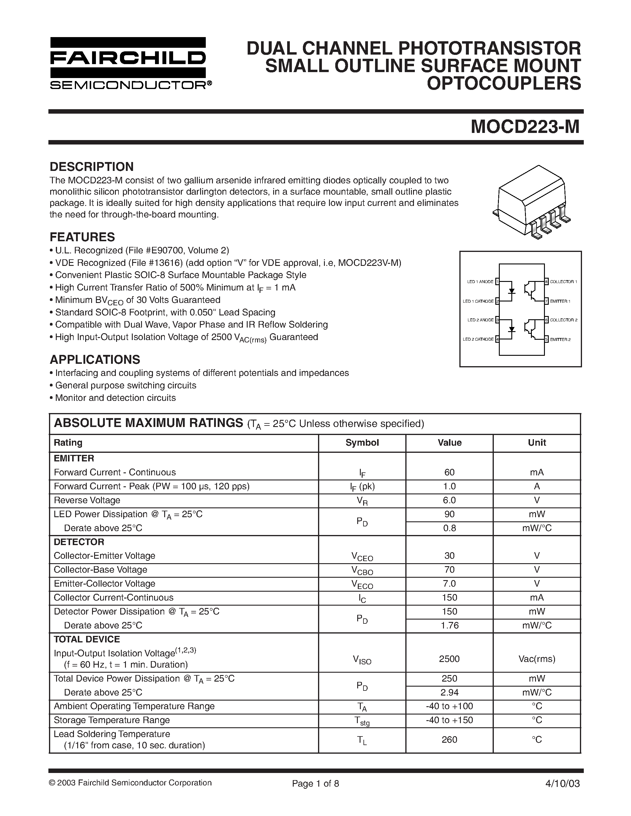 Datasheet MOCD223-M - DUAL CHANNEL PHOTOTRANSISTOR SMALL OUTLINE SURFACE MOUNT OPTOCOUPLERS page 1
