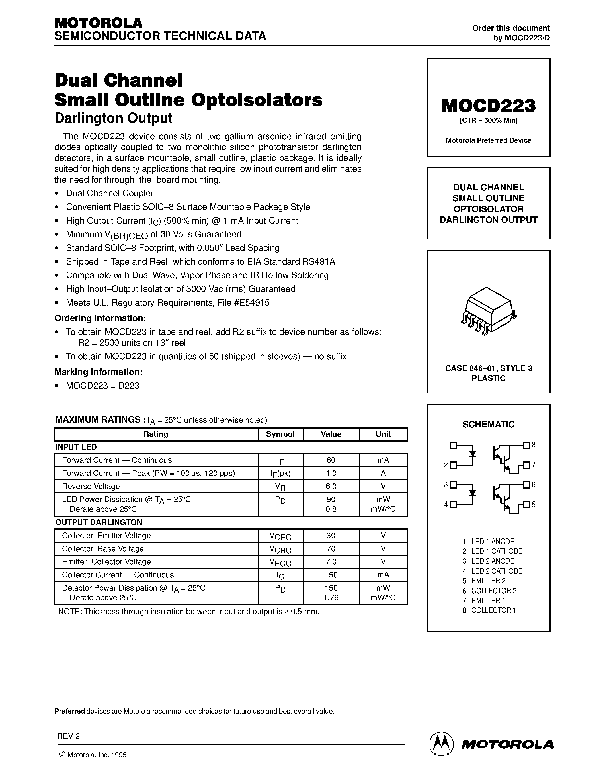 Datasheet MOCD223 page 1 Datasheet MOCD223 - DUAL CHANNEL SMALL OUTLINE OPTOISOLATOR DARLINGTON OUTPUT page 1