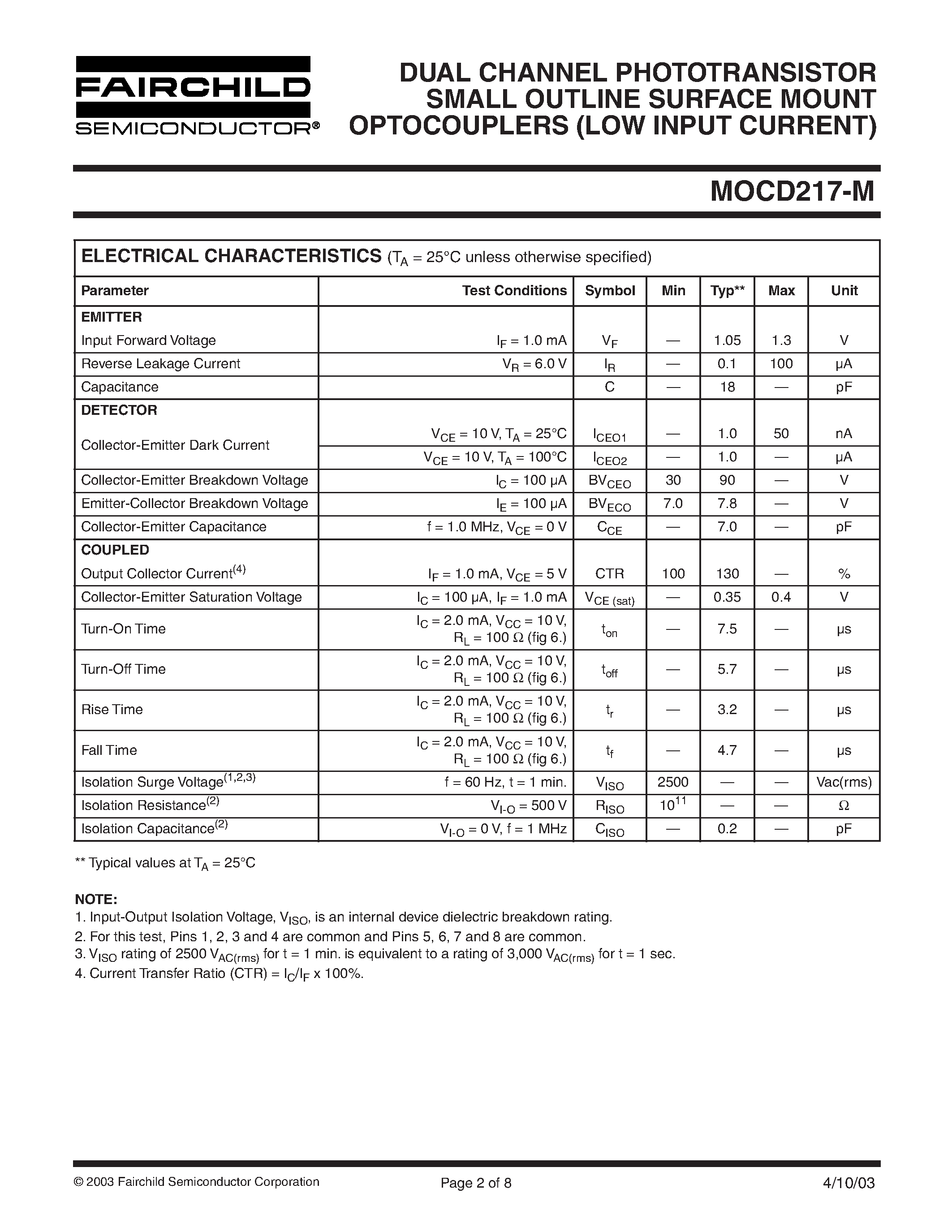 Datasheet MOCD217-M - DUAL CHANNEL PHOTOTRANSISTOR SMALL OUTLINE SURFACE MOUNT OPTOCOUPLERS page 2