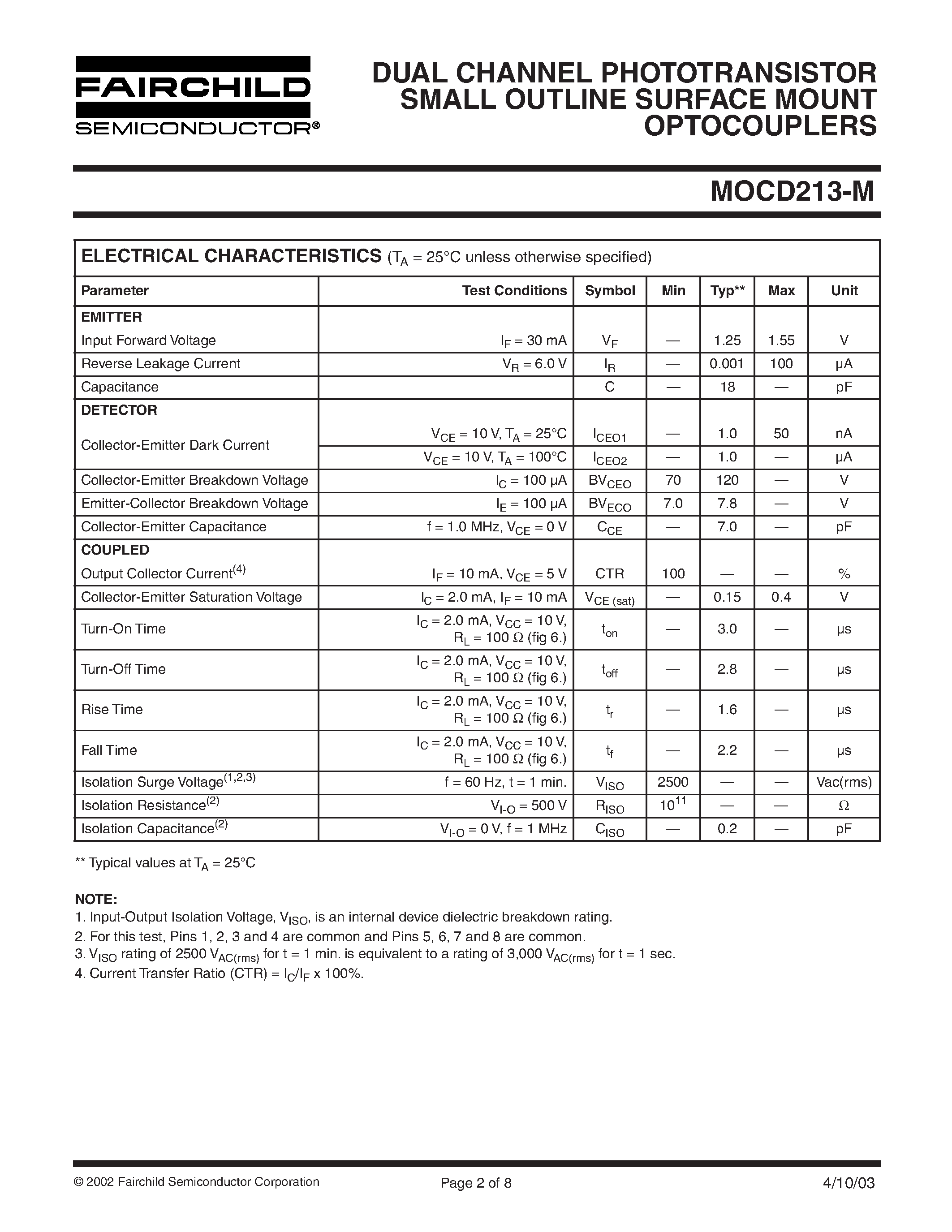 Datasheet MOCD213-M - DUAL CHANNEL PHOTOTRANSISTOR SMALL OUTLINE SURFACE MOUNT OPTOCOUPLERS page 2