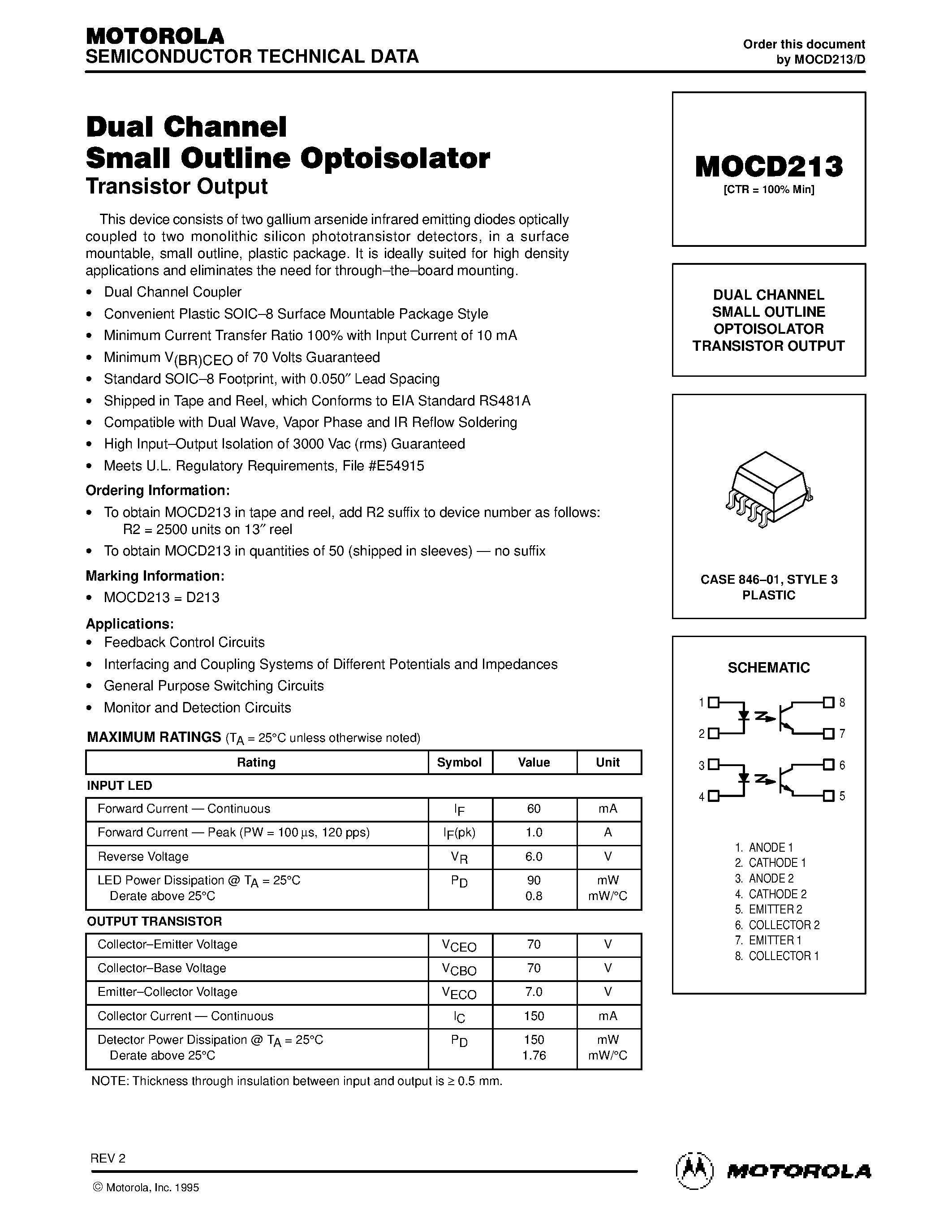 Datasheet MOCD213 page 1 Datasheet MOCD213 - DUAL CHANNEL SMALL OUTLINE OPTOISOLATOR TRANSISTOR OUTPUT page 1