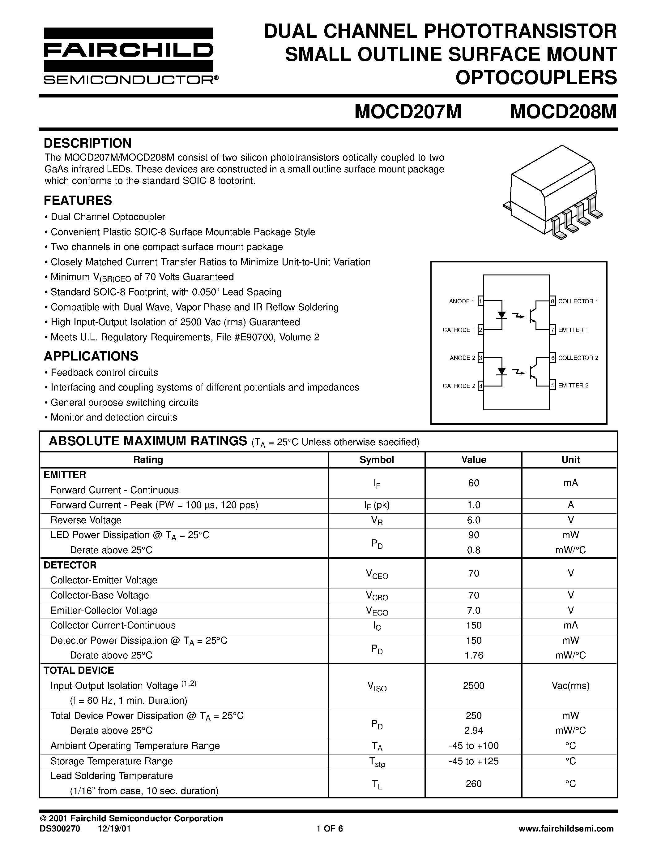 Даташит MOCD207M - (MOCD207M / MOCD208M) DUAL CHANNEL PHOTOTRANSISTOR страница 1