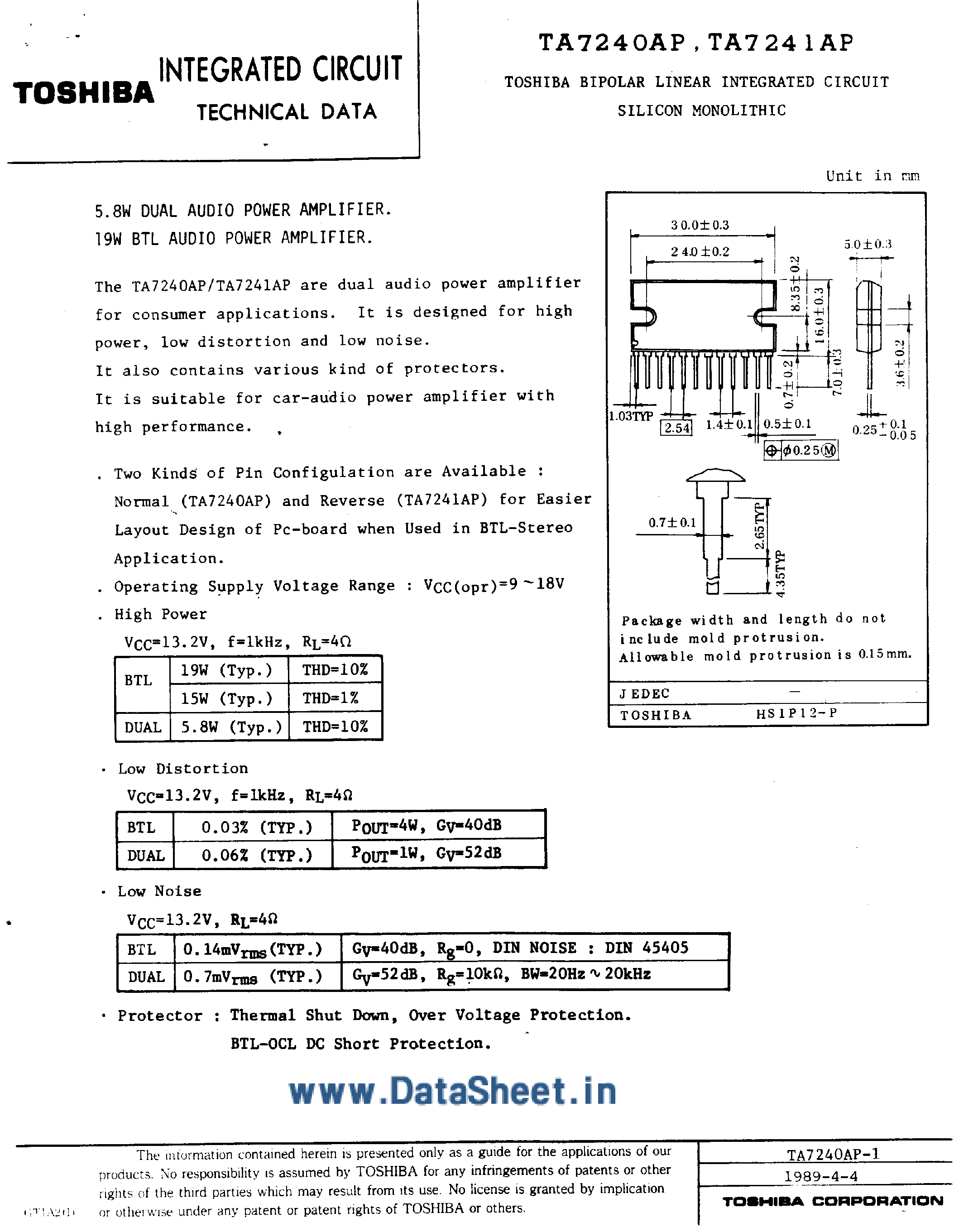 Datasheet TA7240AP - (TA7240AP / TA7241AP) 5.8W Dual Audio Power Amplifier page 1
