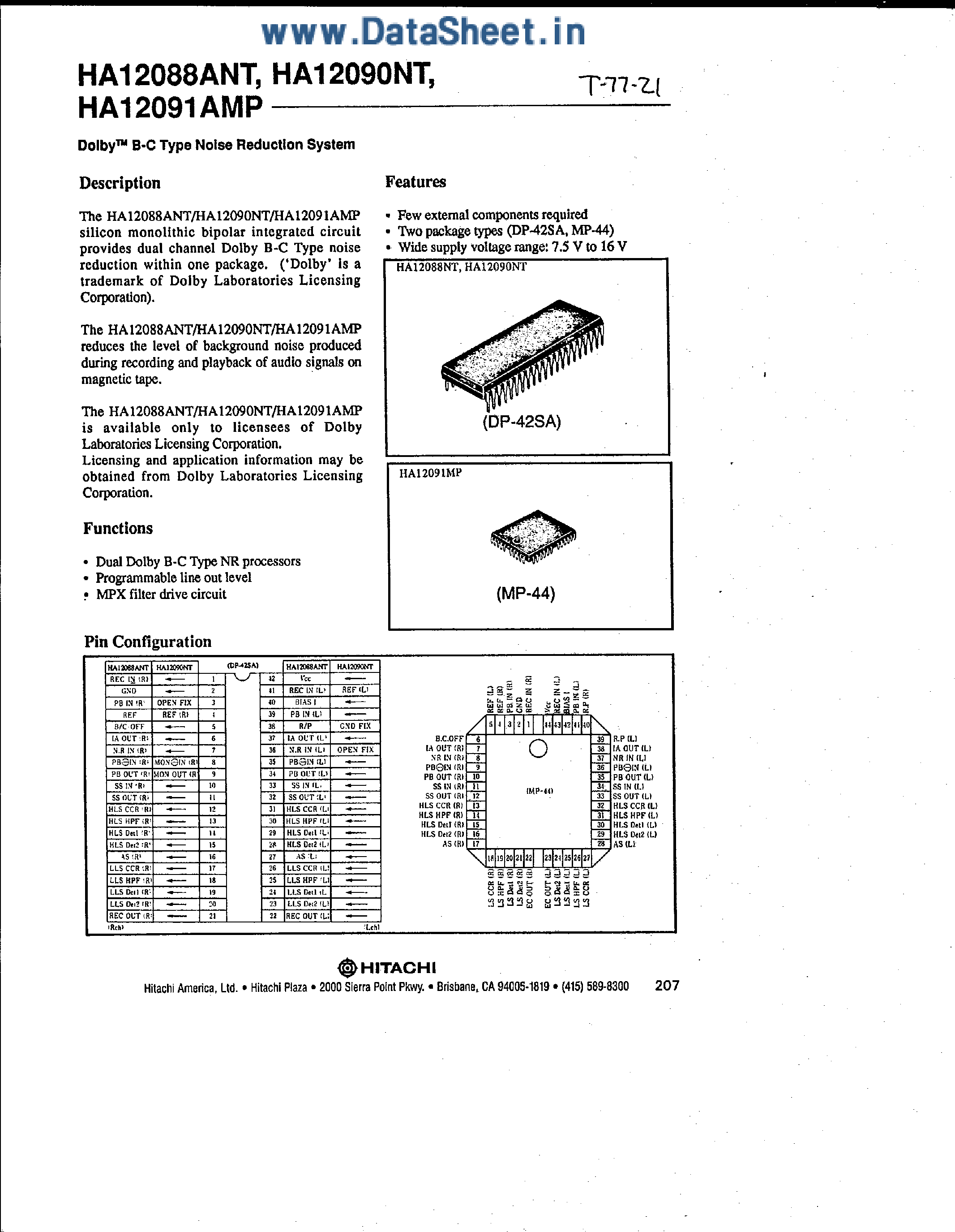 Datasheet HA12088ANT page 1 Datasheet HA12088ANT - (HA12088ANT / HA12090NT / HA12091AMP) Dolby B-C Type Reduction System page 1