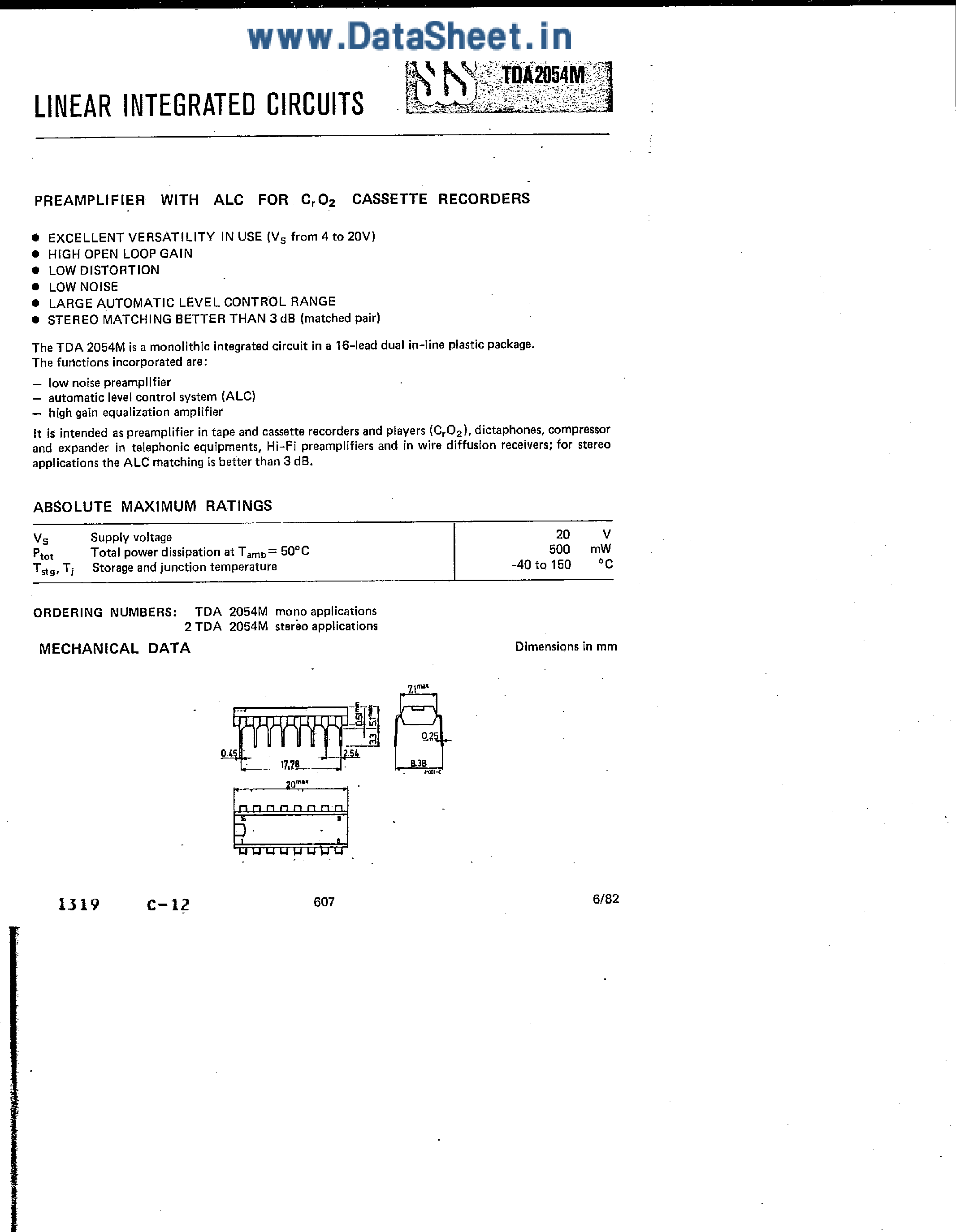 Datasheet TDA2054M page 1 Datasheet TDA2054M - Preamplifier with ALC page 1