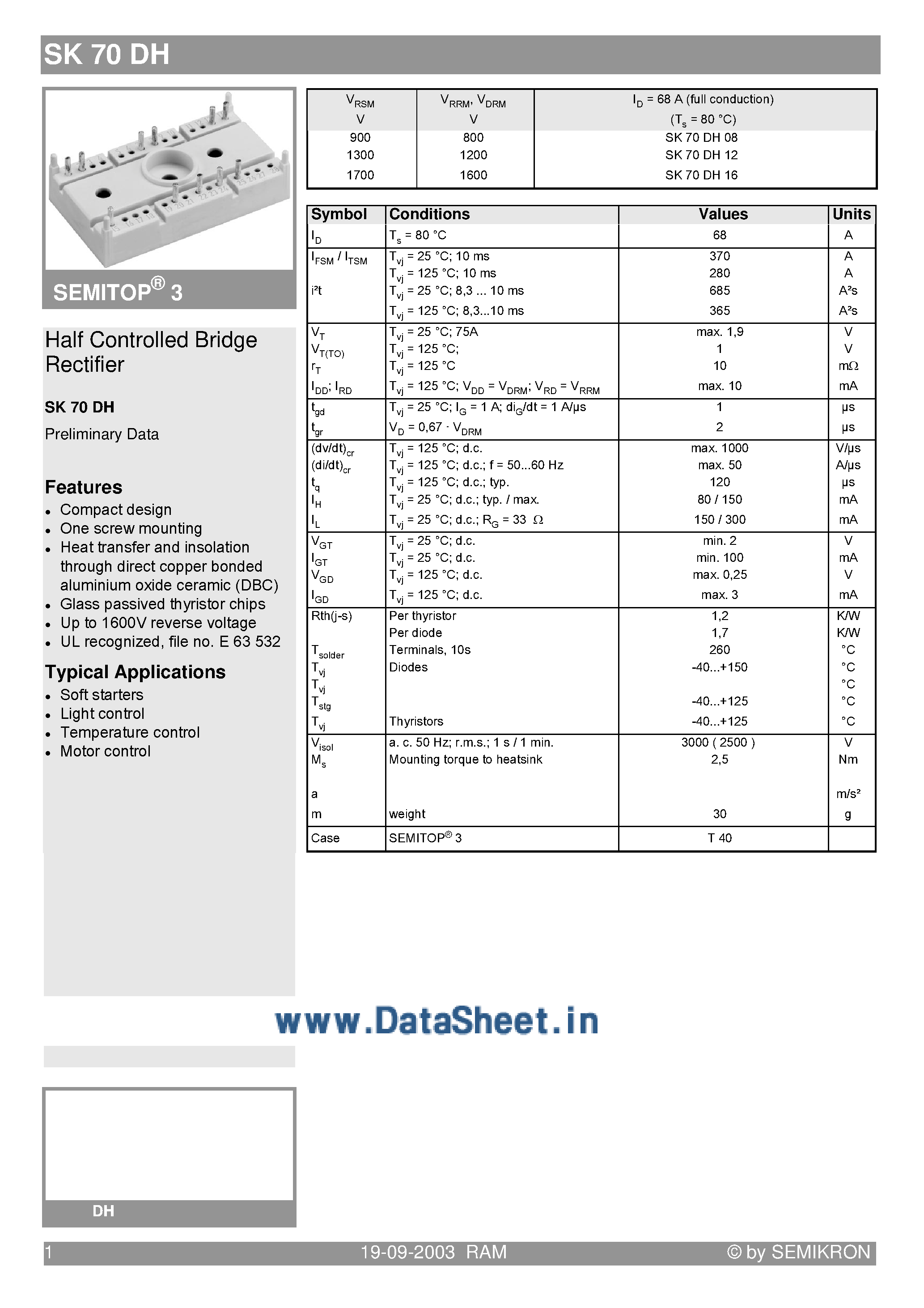 Datasheet SK70DH08 - (SK70DH08 - SK70DH16) Half Controlled Bridge Rectifier page 1